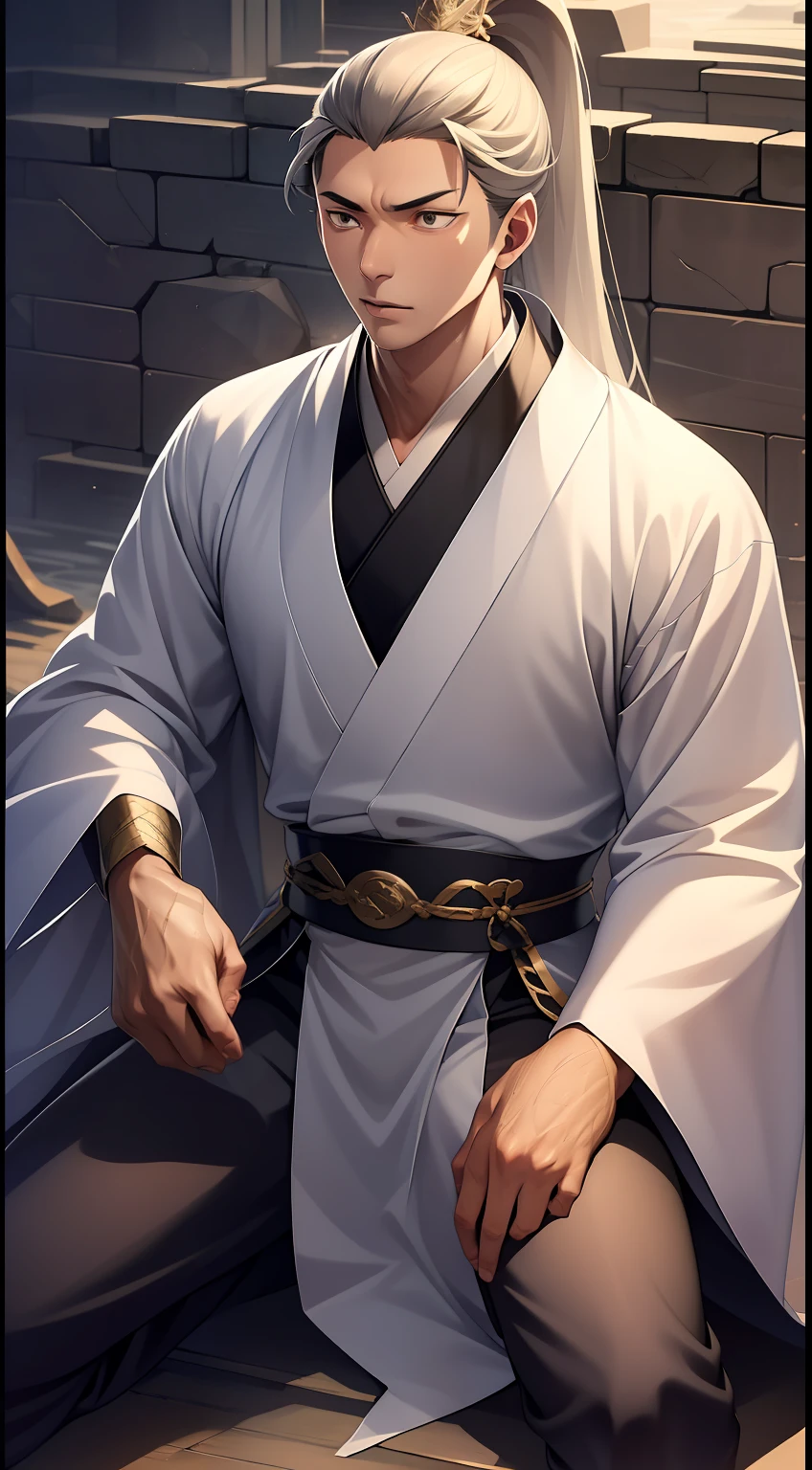 quadratic element，style of anime，mtu（Male Warrior），The proportions are correct，Face details，swordsmen，High ponytail hairstyle，Neck details，There is an Adam's apple，Black Hanfu，kaftan，Embroidered robes，Black robe，clothes details，Handing over，longer sleeves，Game quality，Swordsmanship，Light and shadow tracking，Ray traching，detailed glow，cg render，hair detail，long  white hair，Black eyes，Handsome，Handsome，（juvenile sense），Clothing is complicated，Perfectcomposition，Refinement，high qulity，higher details，Lots of details，The background is complex，a sense of atmosphere，