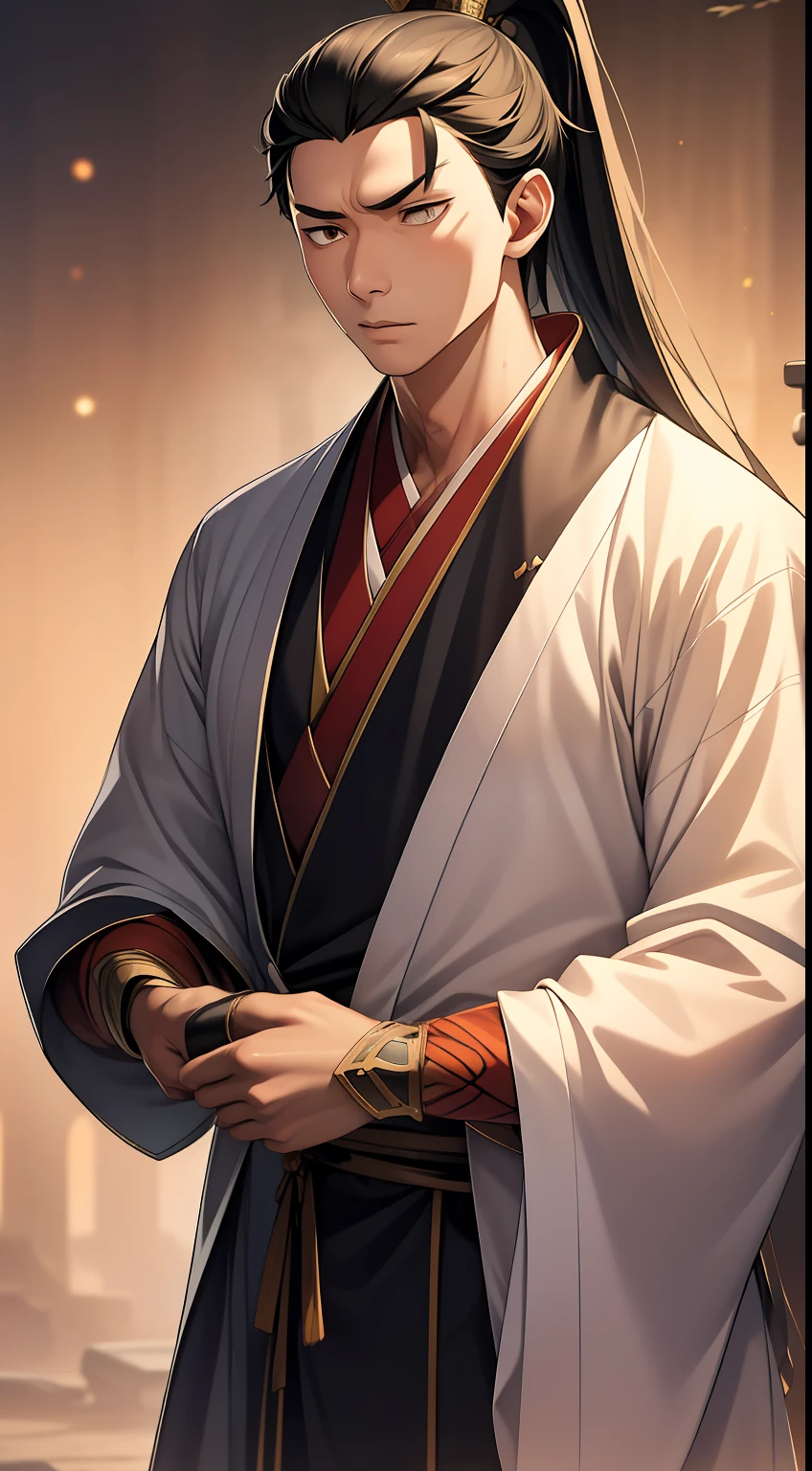 quadratic element,style of anime,mtu(Male Warrior),The proportions are correct,Face details,swordsmen,High ponytail hairstyle,Neck details,There is an Adam's apple,Black Hanfu,kaftan,Embroidered robes,Black robe,clothes details,Handing over,longer sleeves,Game quality,Swordsmanship,Light and shadow tracking,Ray traching,detailed glow,cg render,hair detail,long white hair,Black eyes,Handsome,Handsome,(juvenile sense),Clothing is complicated,Perfectcomposition,Refinement,high qulity,higher details,Lots of details,The background is complex,a sense of atmosphere,