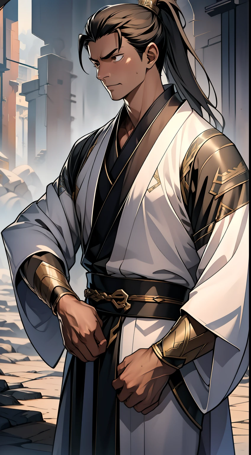 quadratic element,style of anime,mtu(Male Warrior),The proportions are correct,Face details,swordsmen,High ponytail hairstyle,Neck details,There is an Adam's apple,Black Hanfu,kaftan,Embroidered robes,Black robe,clothes details,Handing over,longer sleeves,Game quality,Swordsmanship,Light and shadow tracking,Ray traching,detailed glow,cg render,hair detail,long white hair,Black eyes,Handsome,Handsome,(juvenile sense),Clothing is complicated,Perfectcomposition,Refinement,high qulity,higher details,Lots of details,The background is complex,a sense of atmosphere,