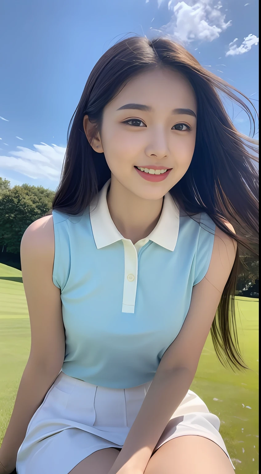 A beautiful and cute girl、fully body photo、very beautiful and delicate black hair,、A sweet smile、Delicate and beautiful fair skin、Realistic and realistic、delicate and complete facial features、detailed face depiction、High Nose Bridge、flowing silky hair、extremely delicate hair、Feminine temperament、Facial light、A tall、paler、realisitic、Surreal、full-body lens、Slouching body、ultimate picture quality、 best precision、precise and perfect human body structure，Golf Wear、Blue sky and white clouds sitting on golf course、with blue sky and white clouds、sunlights、pantiy(Sleeveless bust、a miniskirt)are clearly visible