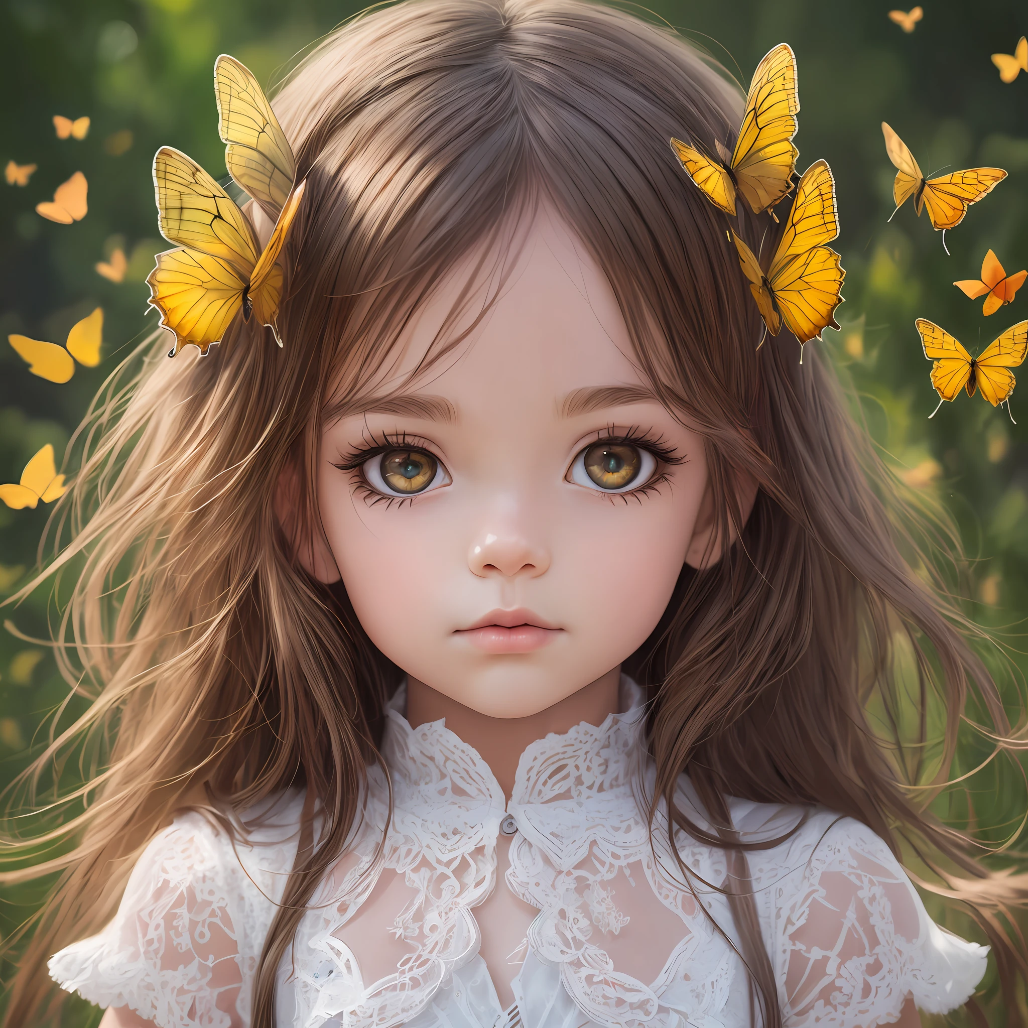 Drawing, realistic fantasy, clarity, detail 8kk, solo, portrait, (ultradetailing), children's appearance, (ultradetailing), girl 2 , brown hair, (hair detailing), big yellow eyes, (fine eye detailing), thick eyelashes, (eyelash detailing), meadow, white butterflies, (detailing the surrounding nature), 4k