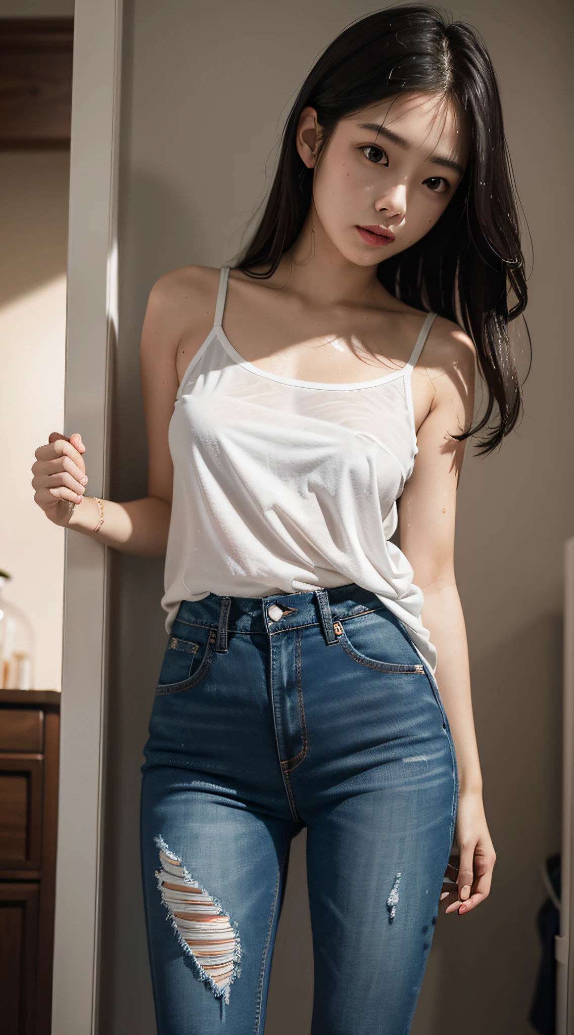 Best Picture Quality, tmasterpiece, 超高分辨率, (fidelity:1.4), photore, 1 rapariga,white shirt,worn jeans,White sneakers, dimly lit, darkly, be desperate, pitying, cute little, cinematic ligh,(torn laundry:1.5), (wetclothes:1.4), exposed bare shoulders, Real rain, Wet hair