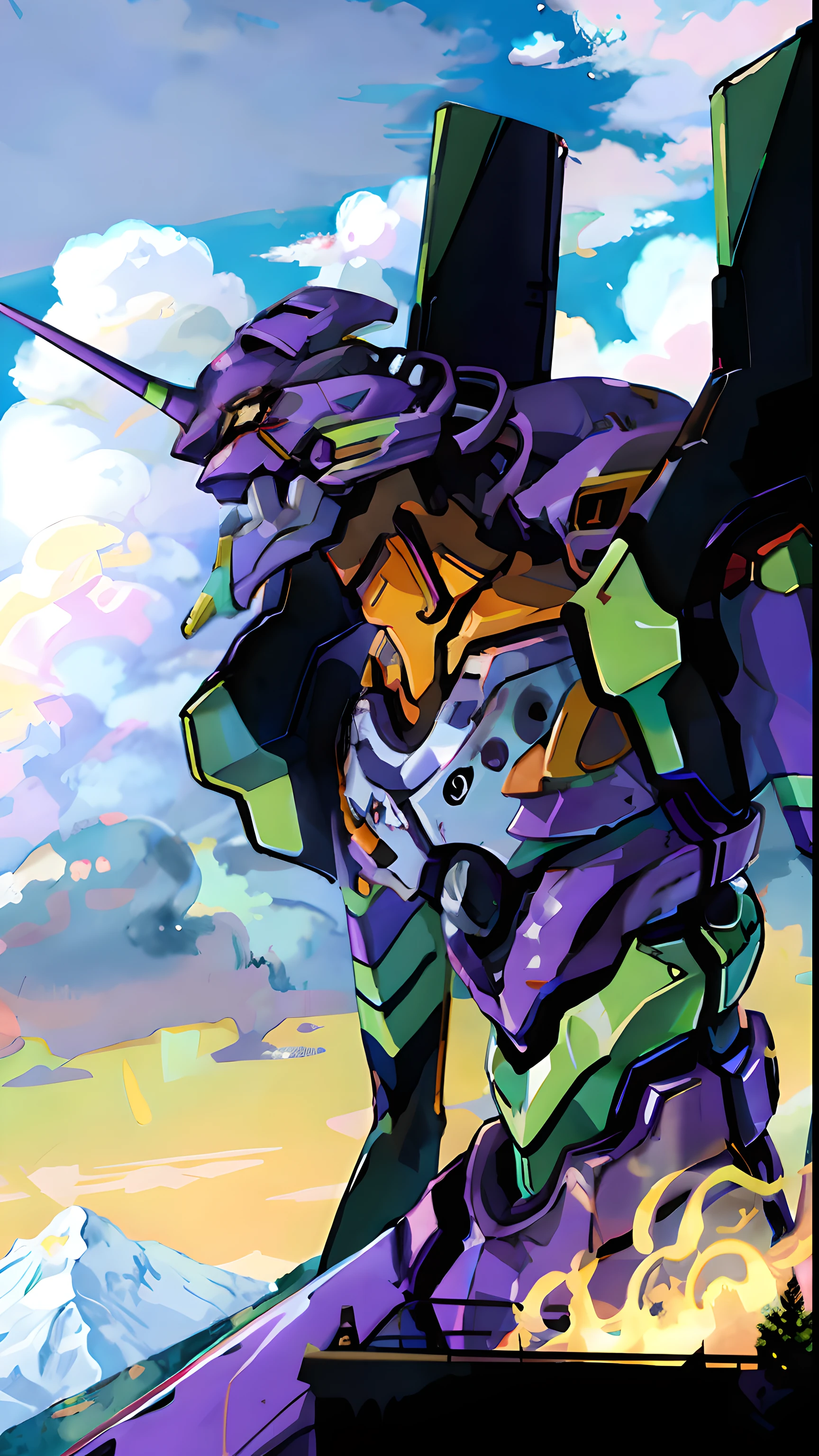 Eva 01,EVA, Evangelion mecha, mountain,cloud,tree,8K,detail EVA01head,