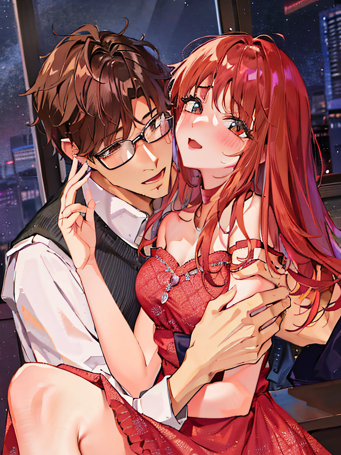 Anime couple hugging red dress in front of window, Sexual temptation，full bodyesbian，The human body is correct，The woman's breasts are exposed and plump，The man's right hand caresses the woman's chest，The man's left hand resurrects the woman's ass，