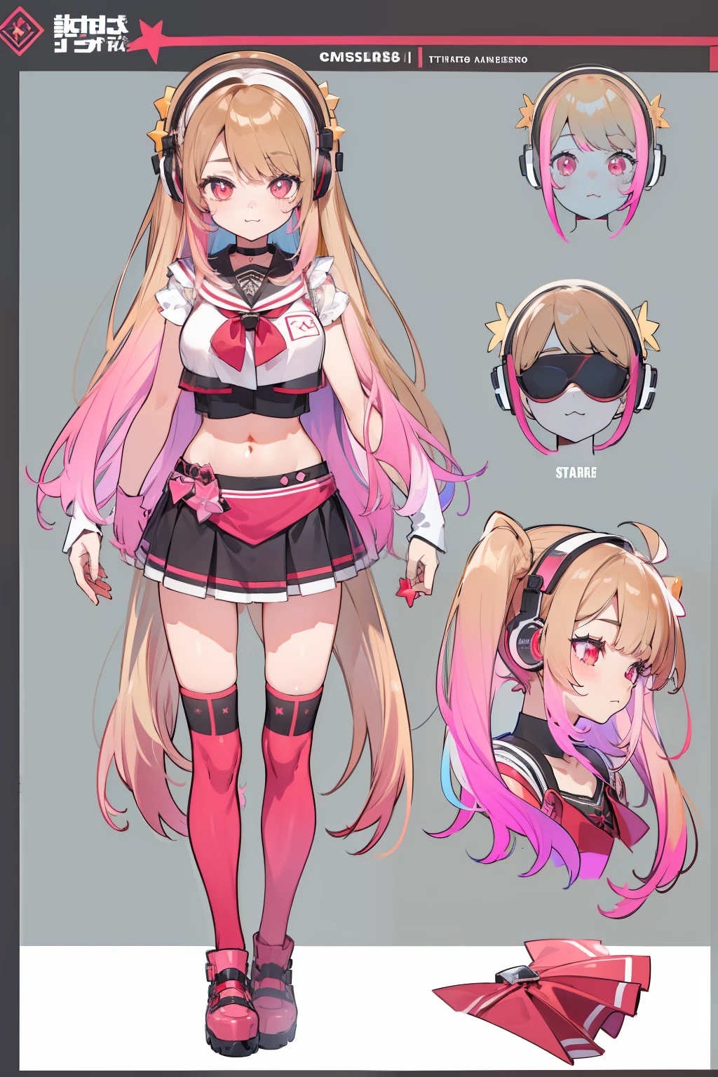 ((Masterpiece, highest quality)), character sheet, turn around, vtuber-fullbody, full body, detailed face, full of details, highly detailed, depth, 1girl, girl in a skirt and headphones, :3, long hair, bangs, multicolored hair, two-tone hair, gradient hair, [[brown hair]], brown hair with pink tips, [[[[[[pink hair]]]]]], black crop top, red skirt, pleated skirt, stockings, leg warmers, black choker, red eyes, star (symbol), star-shaped pupils