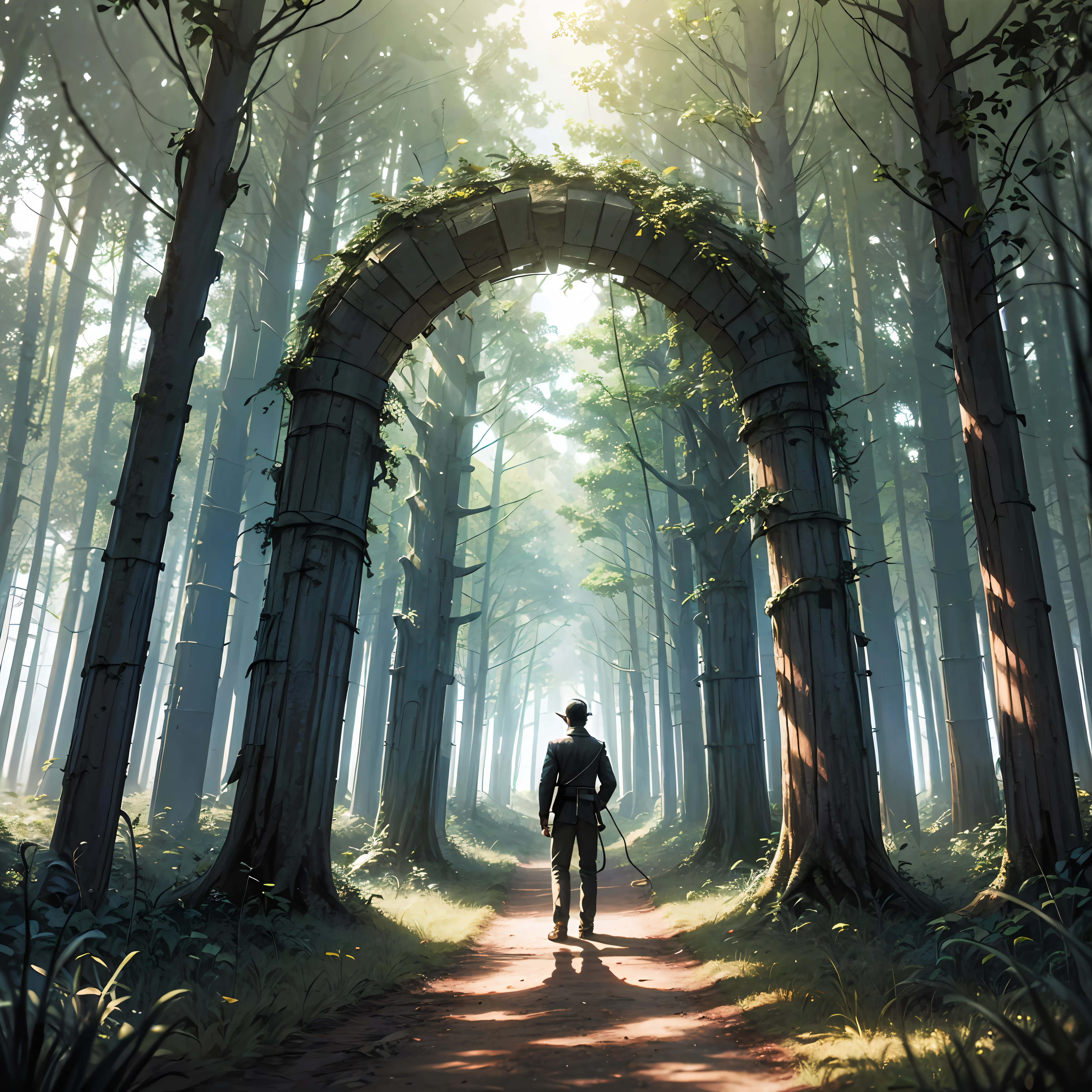 silhouette of a man, a being of light and a snake being, all with their backs in front of a portal of very intense light that almost does not let them see, on a dirt path in the forest --auto --s2