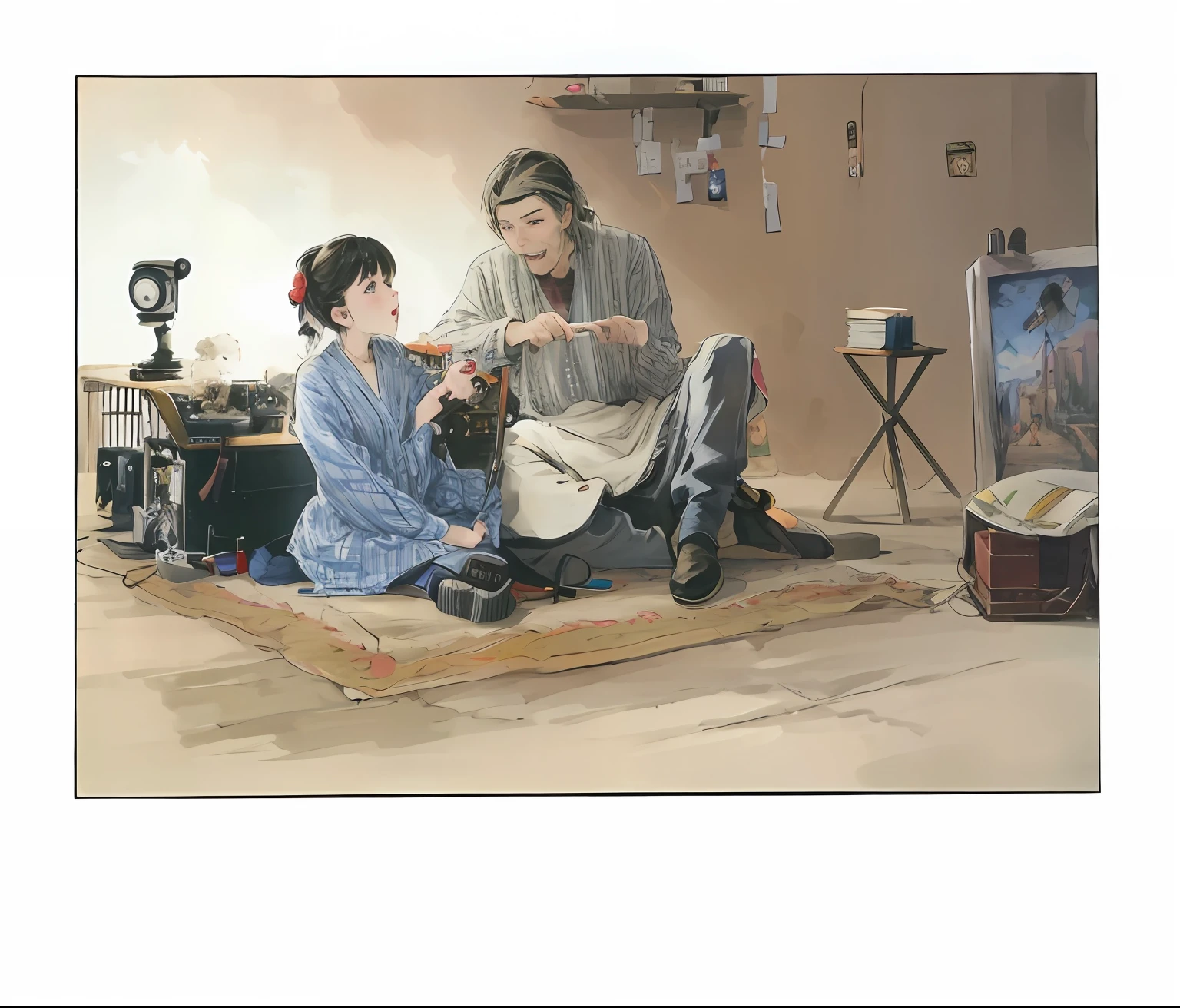 There is a painting，A man and a woman playing a game, musician, musicians, author：Watanabe Kazan, watercolor paiting，vignette illustration, full-colour illustration, 1 4 4 p, 144p, inspired by Shōzaburō Watanabe, illustration!, A illustration, author：Middle Bokuhn, hi - res scan, High-resolution scanning