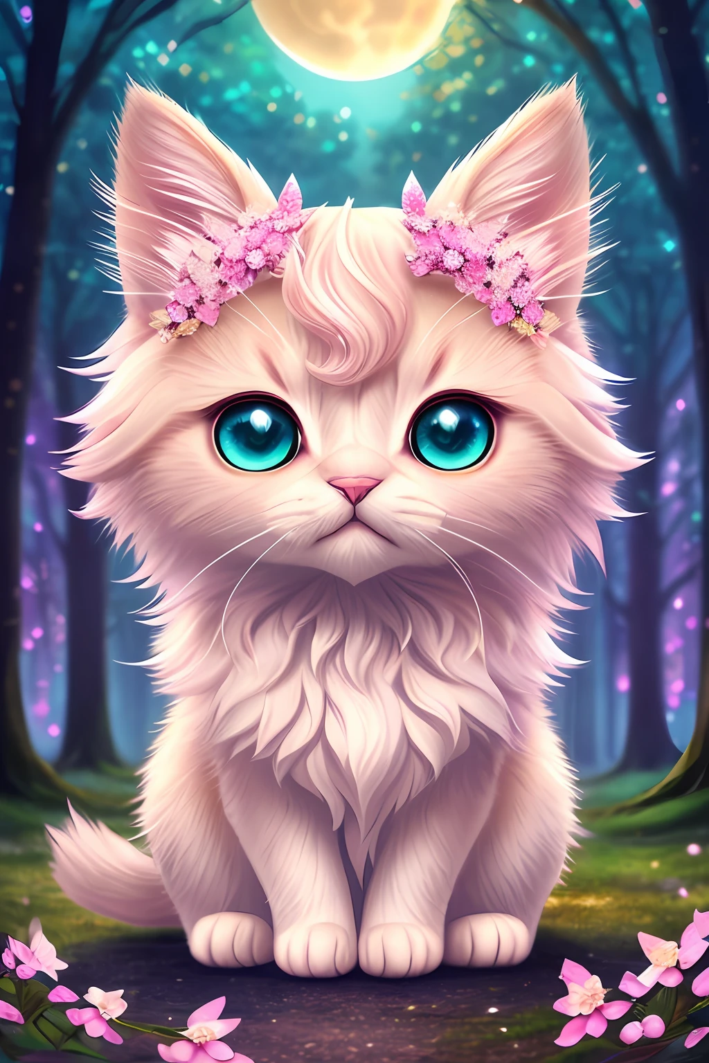 side view, oversaturate, colorfully, Fairytale, dreamlike, Cinematic character render, oil painting, 3D, 8k resolution, sequins, glitter, sakura forest, moonlight, Close up Portrait adorable chibi kawaii anthropomorphic kitten king, Detailed eyes, large round reflective eyes,