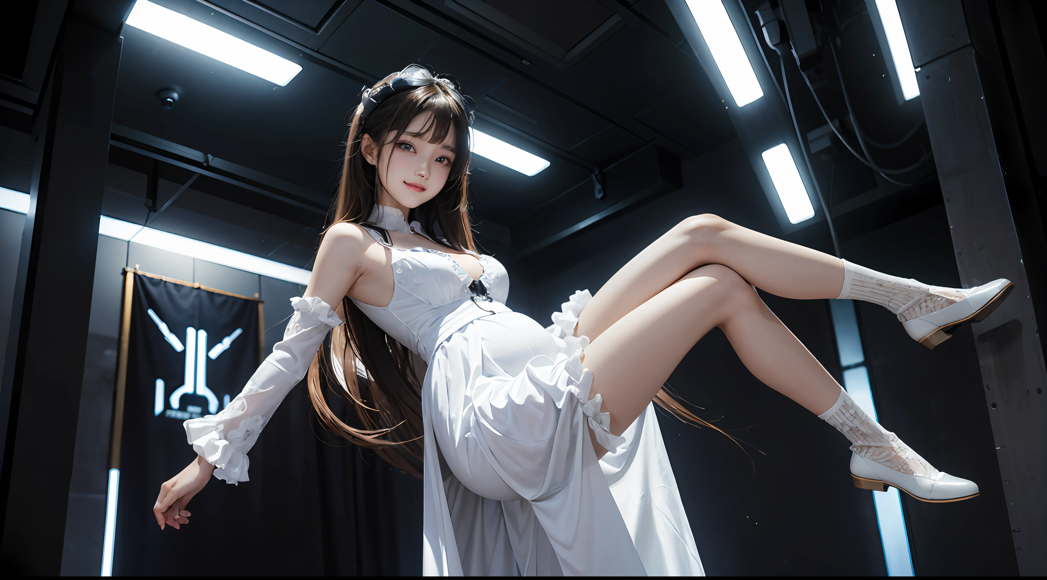 tmasterpiece, 1 beutiful girl, Detailed eyes, Swollen eyes, Best quality at best, 超A high resolution, (Realistis: 1.4), RAW photogr, cinmatic lighting, ssmile, jpn, a asian beauty, Korea, Ren, Super beautiful, Small young face, Beautiful skins, busty figure, cyber punk perssonage(hyper realisitc), (illustratio), (A high resolution), (8K), (The is very detailed), (Most Best Illustration), (ultra-detailliert), (the wallpaper), (详细的脸), audience looking, finely detailled, deep shading, low tune, pureerosfaceace_V1,happy grin, long whitr hair, 46-point diagonal bangs,(Pregnant abdomen:0.95),Pantyhose,full body shot shot,Wedding dress,Black long-sleeved gloves,