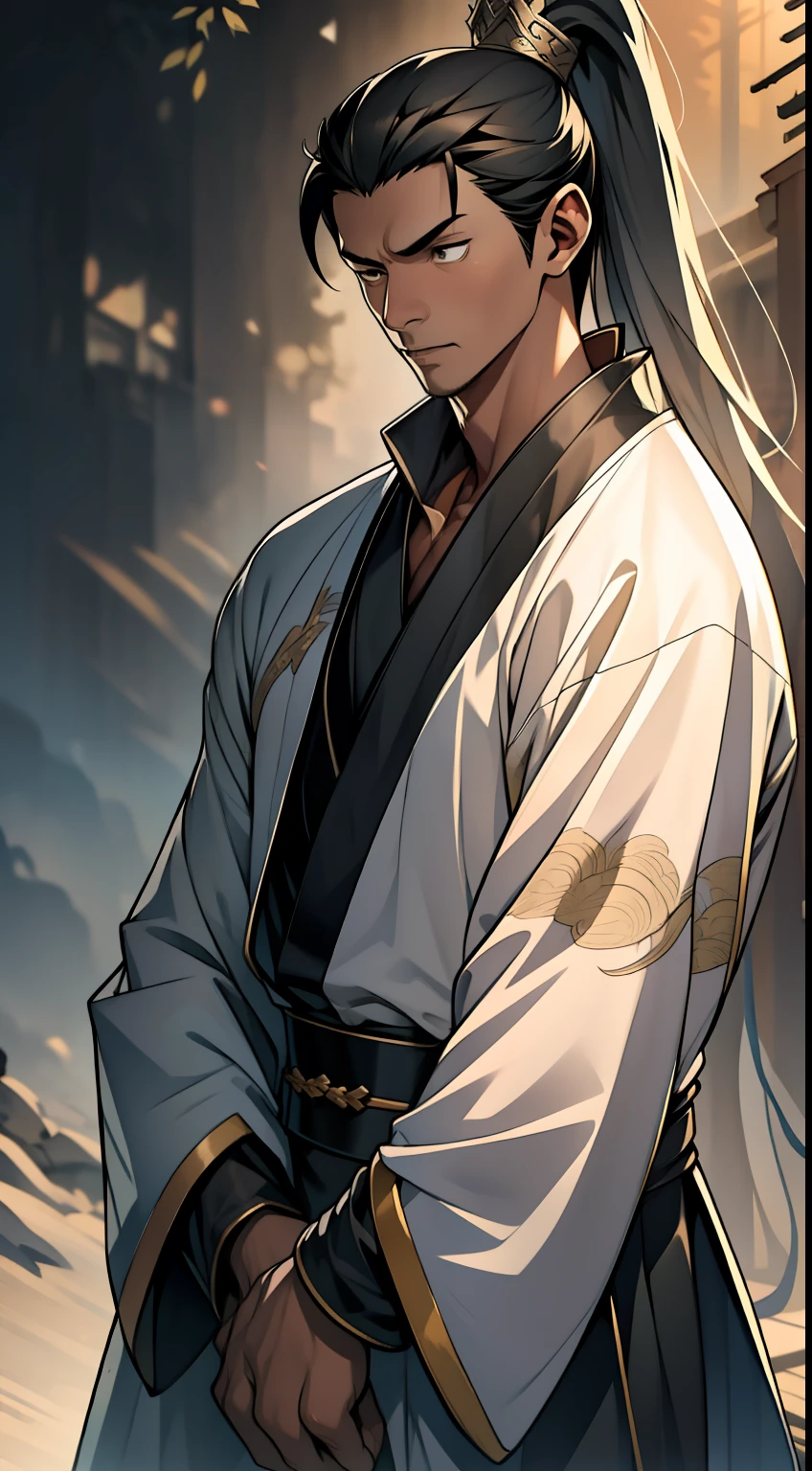 quadratic element，style of anime，mtu（Male Warrior），The proportions are correct，Face details，swordsmen，High ponytail hairstyle，Neck details，There is an Adam's apple，Black Hanfu，kaftan，Embroidered robes，Black robe，clothes details，Handing over，longer sleeves，Game quality，Swordsmanship，Light and shadow tracking，Ray traching，detailed glow，cg render，hair detail，long  white hair，Black eyes，Handsome，Handsome，（juvenile sense），Clothing is complicated，Perfectcomposition，Refinement，high qulity，higher details，Lots of details，The background is complex，a sense of atmosphere，