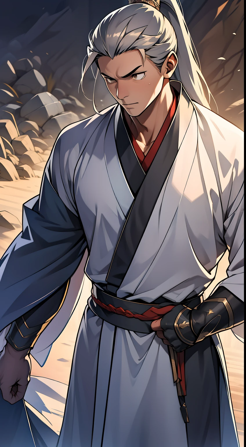 quadratic element,style of anime,mtu(Male Warrior),The proportions are correct,Face details,swordsmen,High ponytail hairstyle,Neck details,There is an Adam's apple,Black Hanfu,kaftan,Embroidered robes,Black robe,clothes details,Handing over,longer sleeves,Game quality,Swordsmanship,Light and shadow tracking,Ray traching,detailed glow,cg render,hair detail,long white hair,Black eyes,Handsome,Handsome,(juvenile sense),Clothing is complicated,Perfectcomposition,Refinement,high qulity,higher details,Lots of details,The background is complex,a sense of atmosphere,