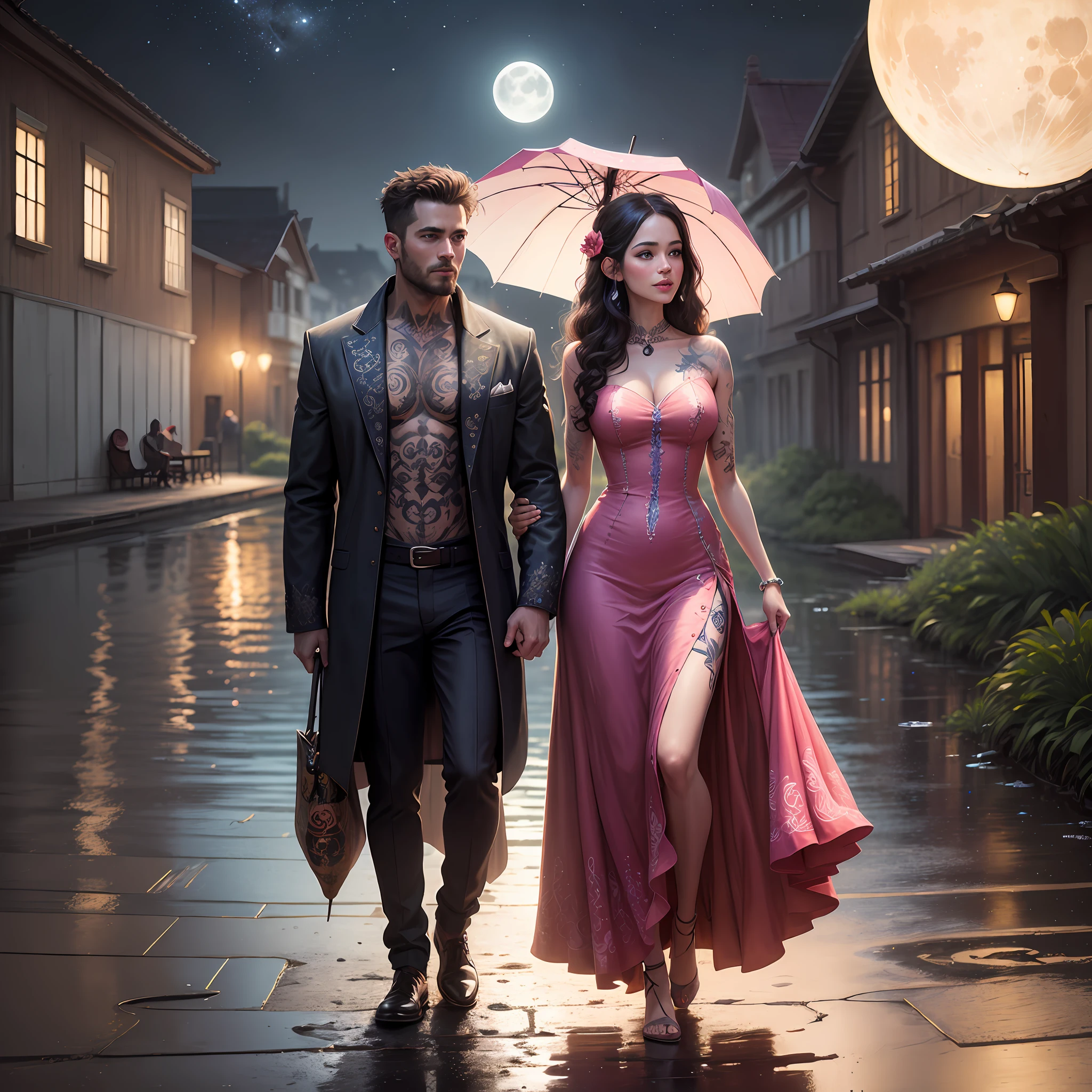 a painting by of a woman and a man walking on a raining night on the ruins on Peru by the water lake, with unbrella, looking in love, happy, perfect body, beautiful girl in a colourful dress with colourful intricate tattoos surrounded by colourful patterns, realistic fantasy, extremely detailed and beautiful , 8 k resolution, the moon is full
