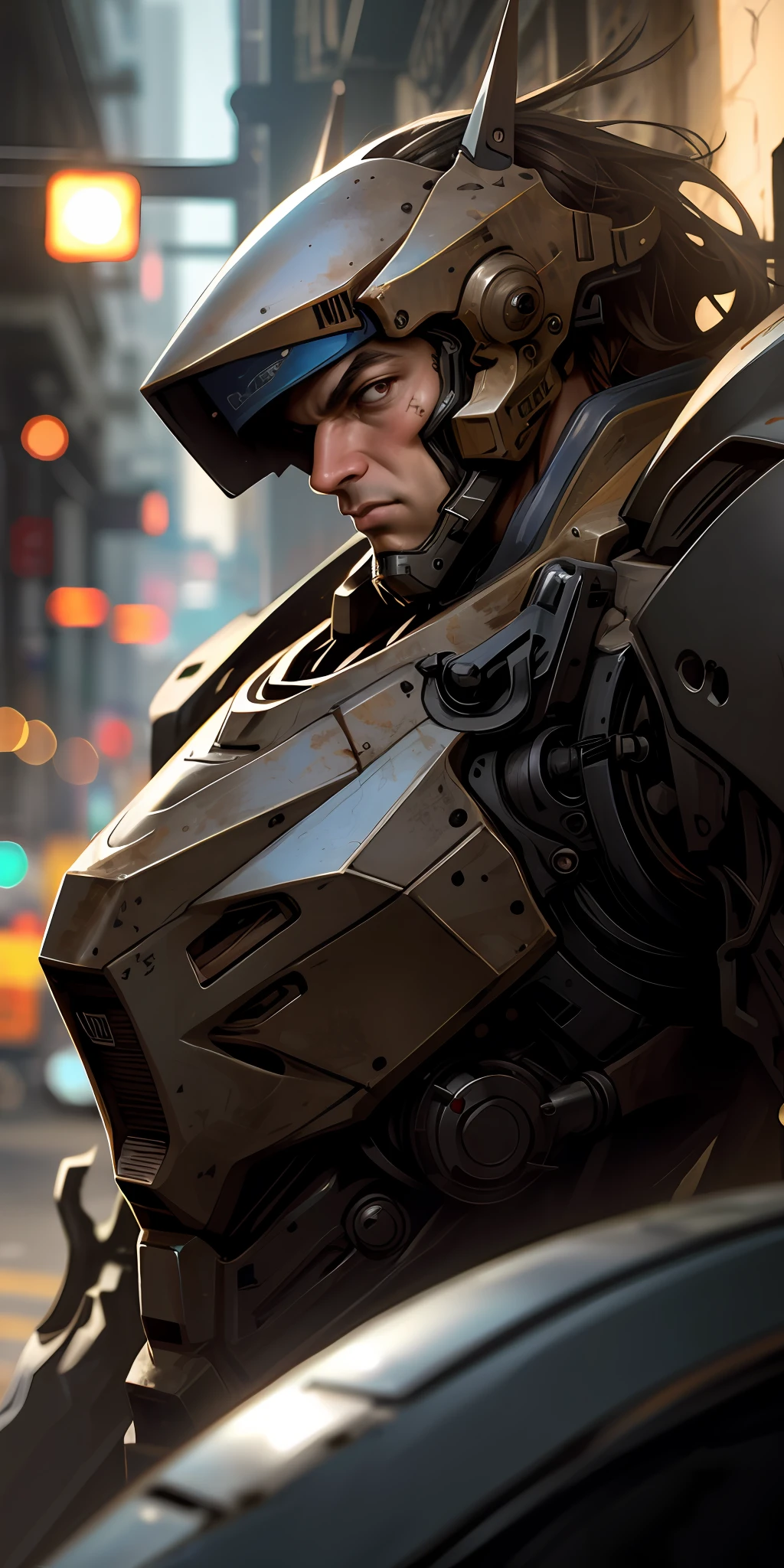 Portrait photo of an handsome male  ,perfect eyes ,  in a worn mecha exosuit,((light bokeh)), intricate, (steel metal [rust]), elegant, sharp focus, photo by greg rutkowski, soft lighting, vibrant colors, masterpiece, ((streets)), detailed face