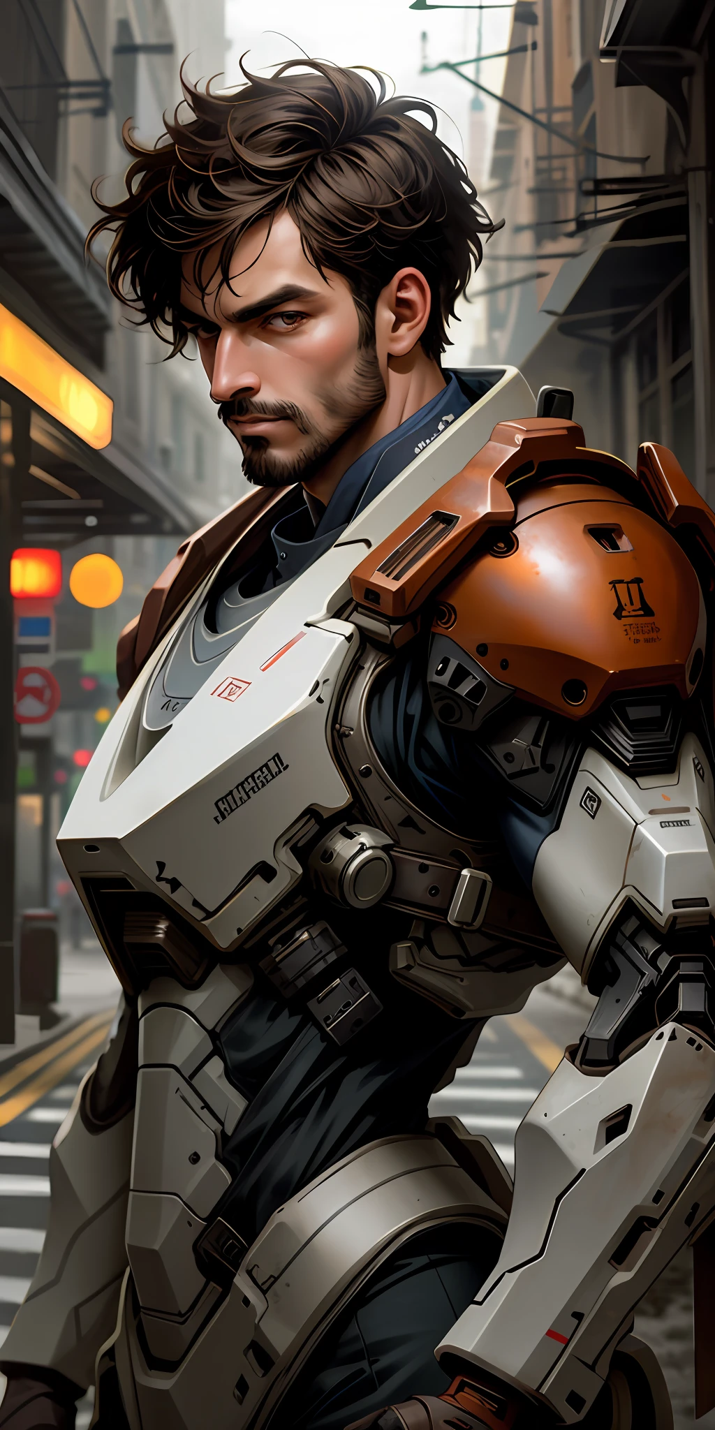 Portrait photo of an handsome male  ,perfect eyes ,  in a worn mecha exosuit,((light bokeh)), intricate, (steel metal [rust]), elegant, sharp focus, photo by greg rutkowski, soft lighting, vibrant colors, masterpiece, ((streets)), detailed face