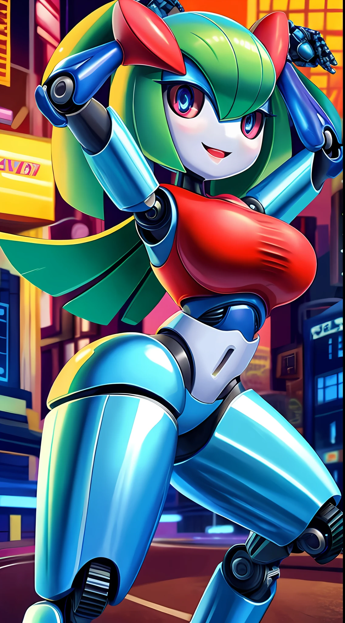 Kirlia [pokemon], best quality masterpiece, future art style, sexy, buttocks, horizontal pupils,feral,sonrisa,despistada,cheerful,giant boobs,mecanico,shiny skin,black eyes,blue pupil,mechanic,robot,vagina,black sclera,cute pose,shiny skin, metallic skin,robot face,city background,
