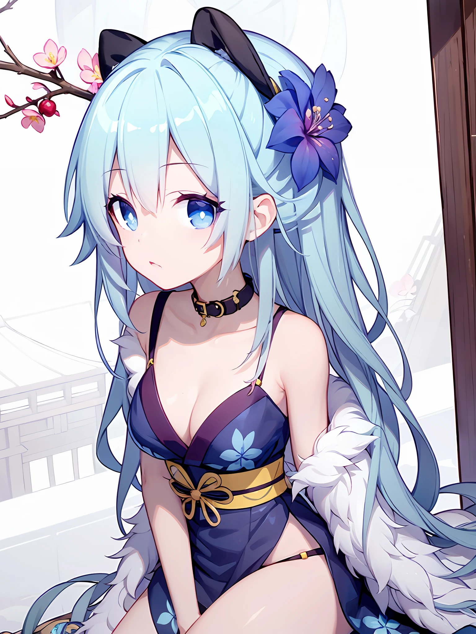 Anime girl, arrow, bridge, floating hair, ema, eyebrows visible through hair, flower, fur collar, blush, cherry blossoms, blue eyes, east asian architecture, bangs, building, day, blue kimono, branch, fur trim, camellia, architecture, floral print,    ,Medium-sized breasts, flat chest,  beautiful legs,autumn, outdoor