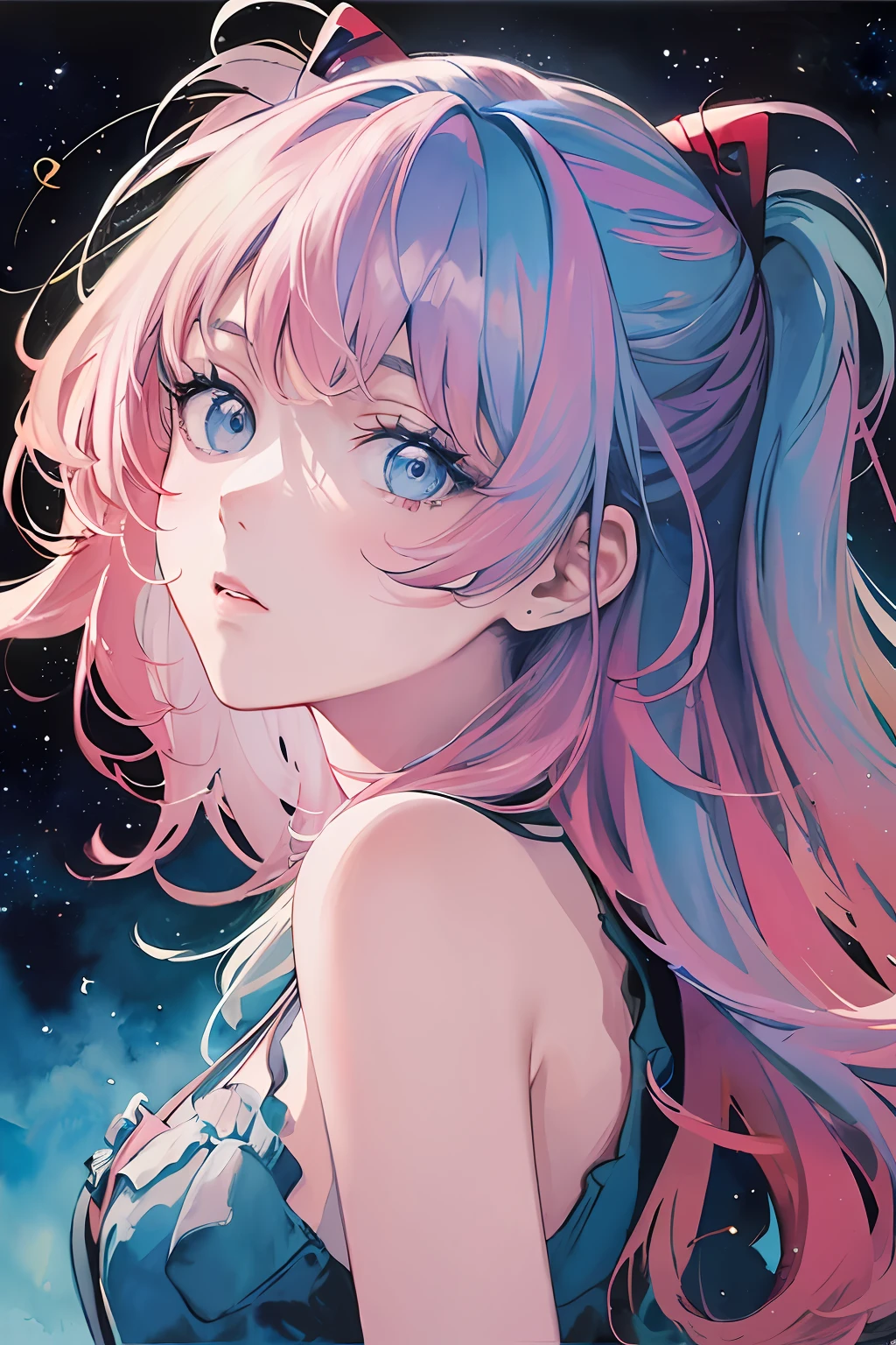 (masterpiece, top quality, best quality,watercolor (medium),official art, beautiful and aesthetic:1.2),(1girl:1.3), (fractal art:1.3),upper body, from side, looking at viewer,patterns,(rainbow color Hair,colorful hair,half blue and half pink hair:1.2),water,liquid, cloud,colorful, starry,stars,