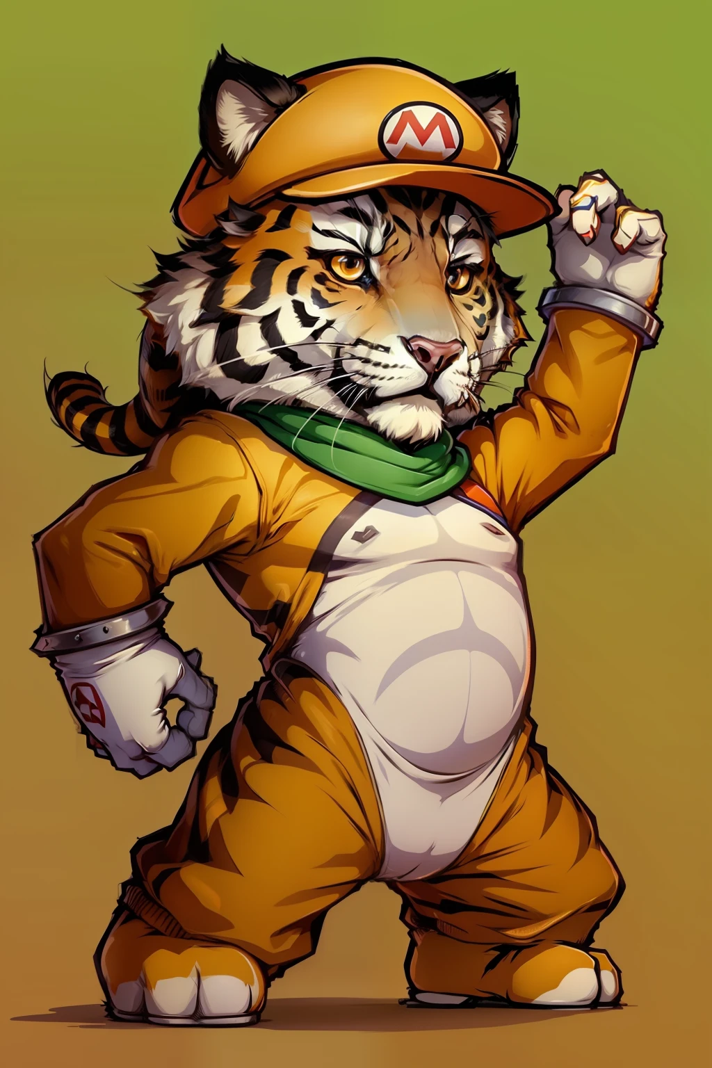 super mario usando roupa de tigre, vetor pro, cores quentes, etiqueta, fundo branco