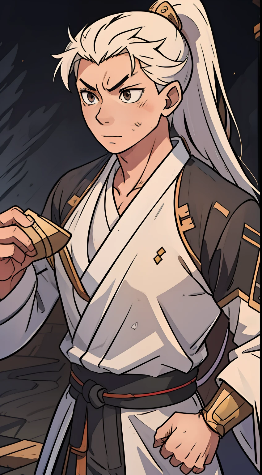 quadratic element，style of anime，mtu（Male Warrior），The proportions are correct，Face details，swordsmen，High ponytail hairstyle，Neck details，There is an Adam's apple，Black Hanfu，kaftan，Embroidered robes，Black robe，clothes details，Handing over，longer sleeves，Game quality，Swordsmanship，Light and shadow tracking，Ray traching，detailed glow，cg render，hair detail，long  white hair，Black eyes，Handsome，Handsome，（juvenile sense），Clothing is complicated，Perfectcomposition，Refinement，high qulity，higher details，Lots of details，The background is complex，a sense of atmosphere，