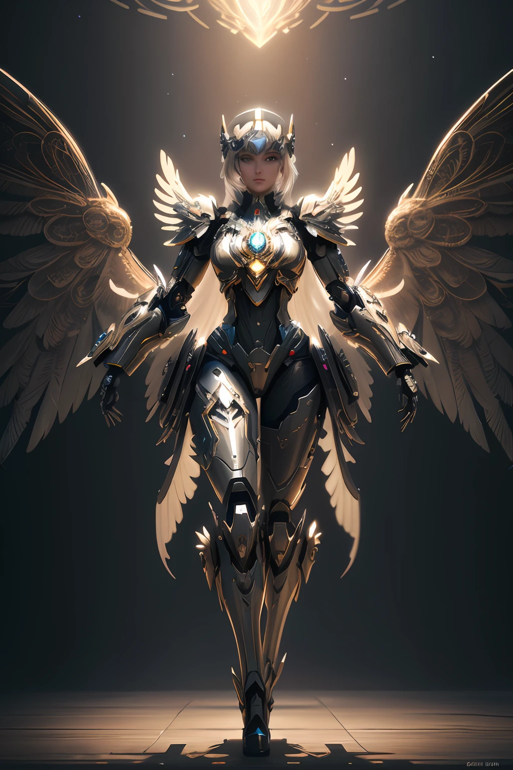 Close up of a woman with wings on dark background, futuristic robot angel, beautiful cyborg angel girl, angel in plastic armor, unreal engine rendered + A goddess, Mechanized Valkyrie girl, angel knight girl, 3 D rendering character art 8 K, armor angle with wing, detailed cosmic angelic robot, angelic golden armor, mystical valkyrie, stunning cgsociety