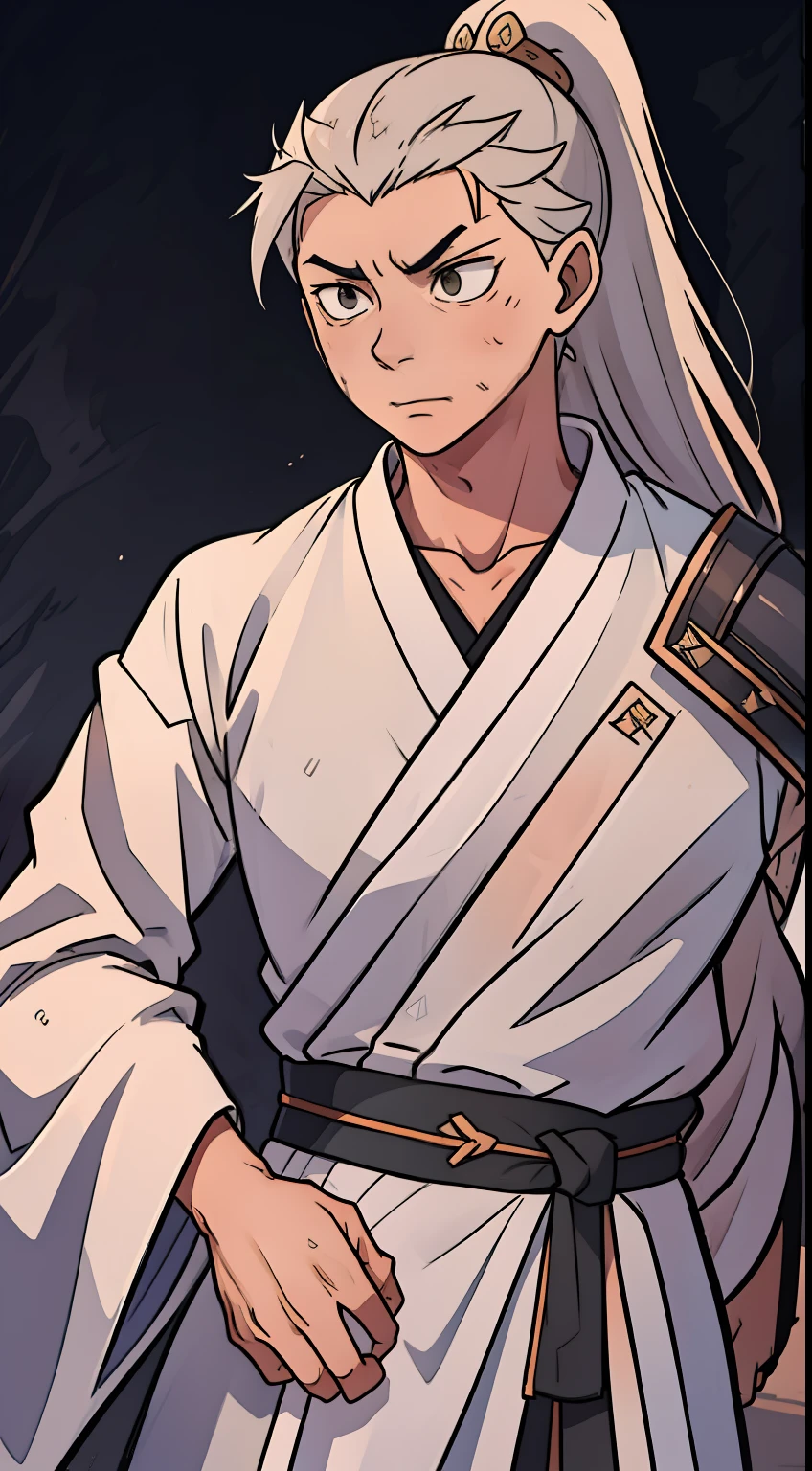 quadratic element，style of anime，mtu（Male Warrior），The proportions are correct，Face details，swordsmen，High ponytail hairstyle，Neck details，There is an Adam's apple，Black Hanfu，kaftan，Embroidered robes，Black robe，clothes details，Handing over，longer sleeves，Game quality，Swordsmanship，Light and shadow tracking，Ray traching，detailed glow，cg render，hair detail，long  white hair，Black eyes，Handsome，Handsome，（juvenile sense），Clothing is complicated，Perfectcomposition，Refinement，high qulity，higher details，Lots of details，The background is complex，a sense of atmosphere，