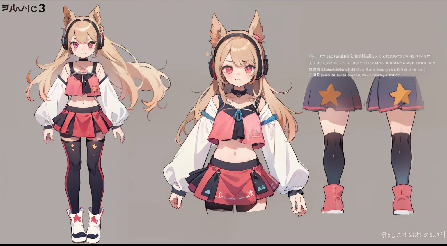 ((Masterpiece, highest quality)), character sheet, turn around, vtuber-fullbody, full body, detailed face, full of details, highly detailed, depth, 1girl, girl in a skirt and headphones, :3, long hair, bangs, multicolored hair, two-tone hair, gradient hair, [[brown hair]], brown hair with pink tips, [[[[[[pink hair]]]]]], black crop top, red skirt, pleated skirt, stockings, leg warmers, black choker, red eyes, star (symbol), star-shaped pupils