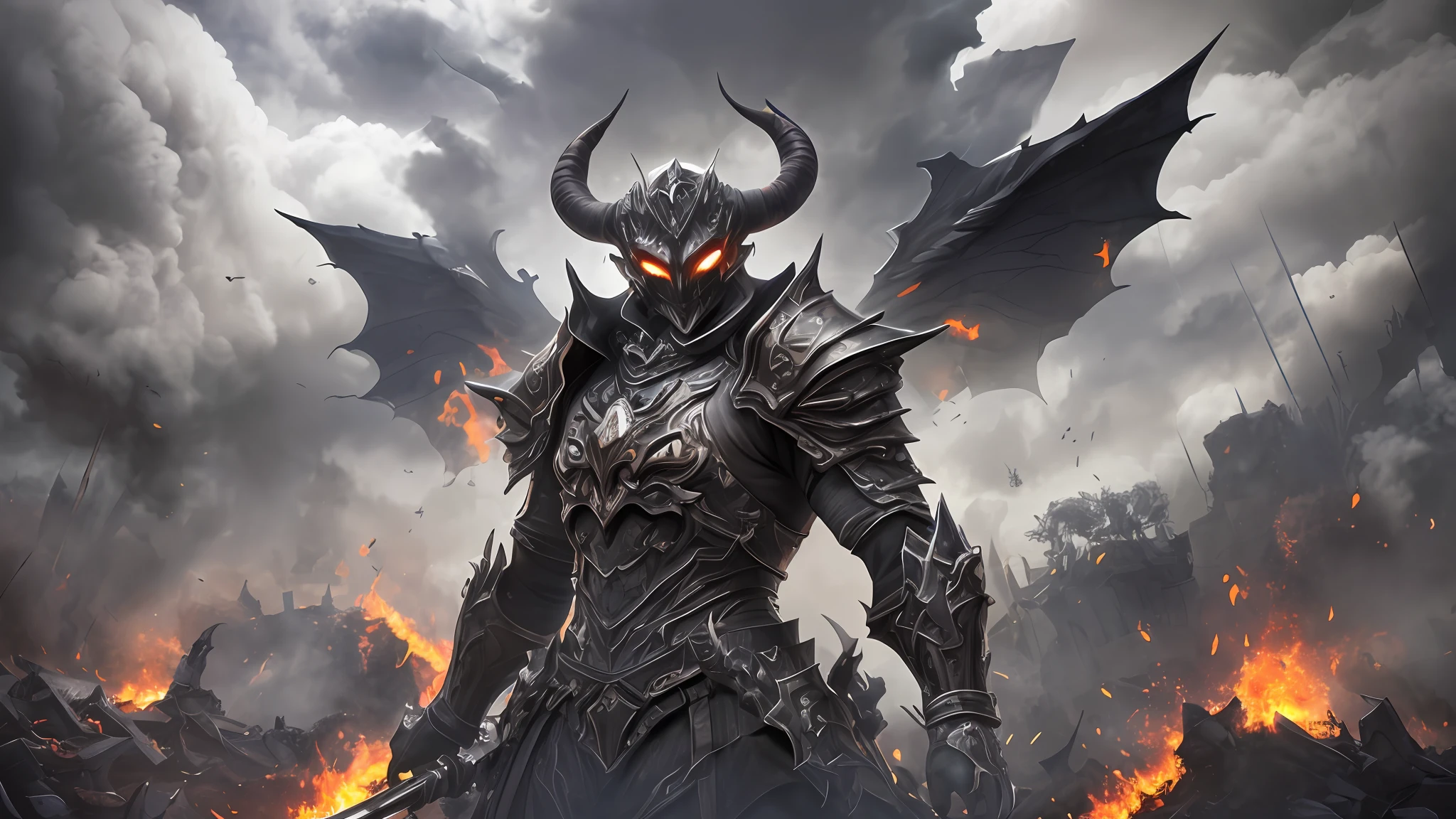 ((Best quality)), ((masterpiece)), (highly detailed:1.3), 3D, demon with horns and armor, fire, hell, dark, sinister, weapons, fog, smoke,HDR (High Dynamic Range),Ray Tracing, Super-Resolution --auto --s2