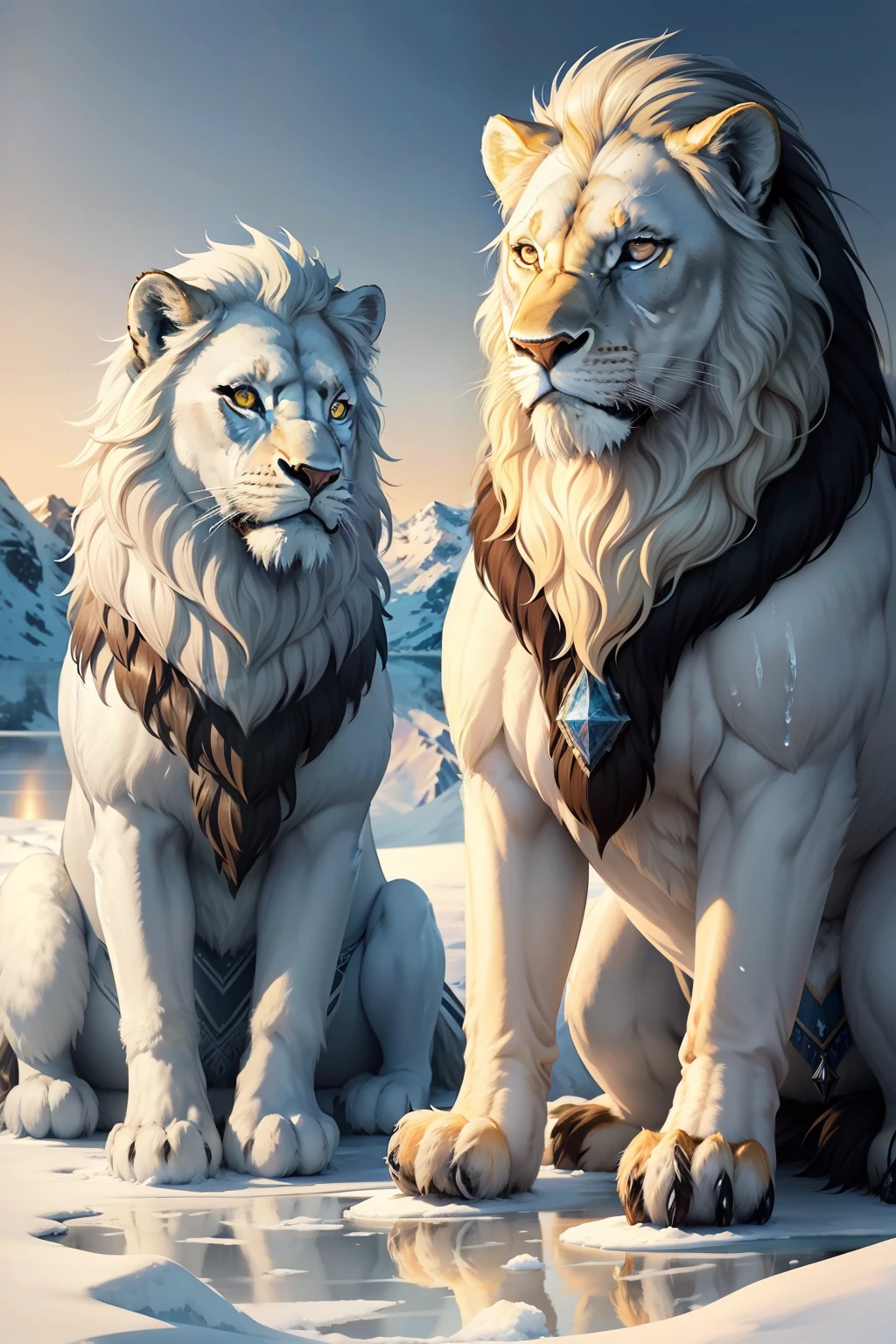 araffe sitting on a snowy hill with a lake in the background, icy, god of winter, aslan the lion, dramatic cinematic detailed fur, frozen cold stare, cold, majestic!!! beautiful!!!, cold but beautiful, made of ice, cold snowy, beautiful wallpaper, beautiful nature, lion, master of ice, with the mane of a lion