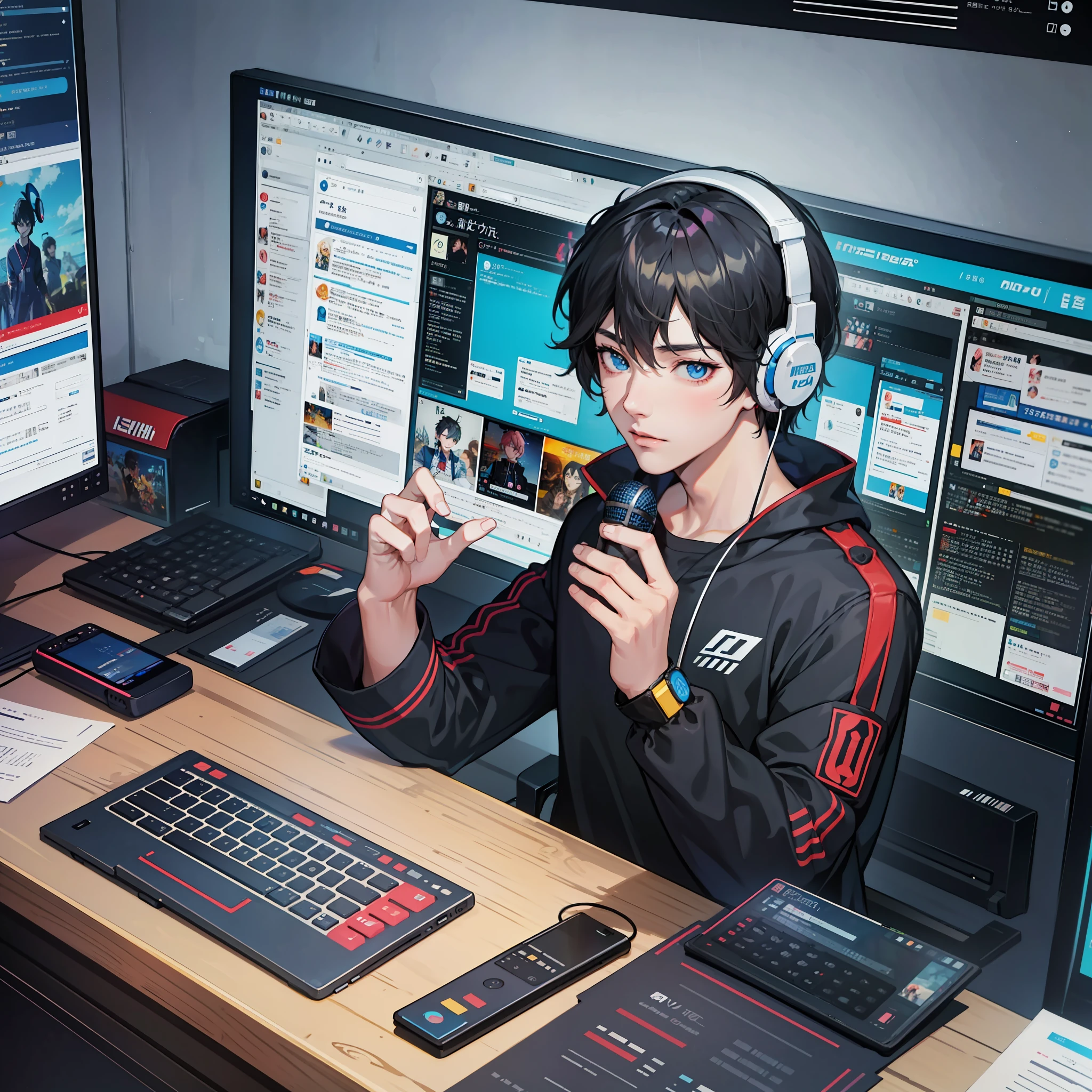 Anime boy talking into microphone with headphones, ig studios anime style, nightcore, style of anime4 K, High quality anime art style, Anime boy, young anime man, Anime art style, Digital anime illustration, Anime style. 8K, in an anime style, male anime character, Kawasi，best qualtiy：1.0），（超高分辨率：1.0），Anime boys，with short black hair，blue color eyes，Sit in front of the computer and play games，The background is in the esports room，Earphone，mike,8K