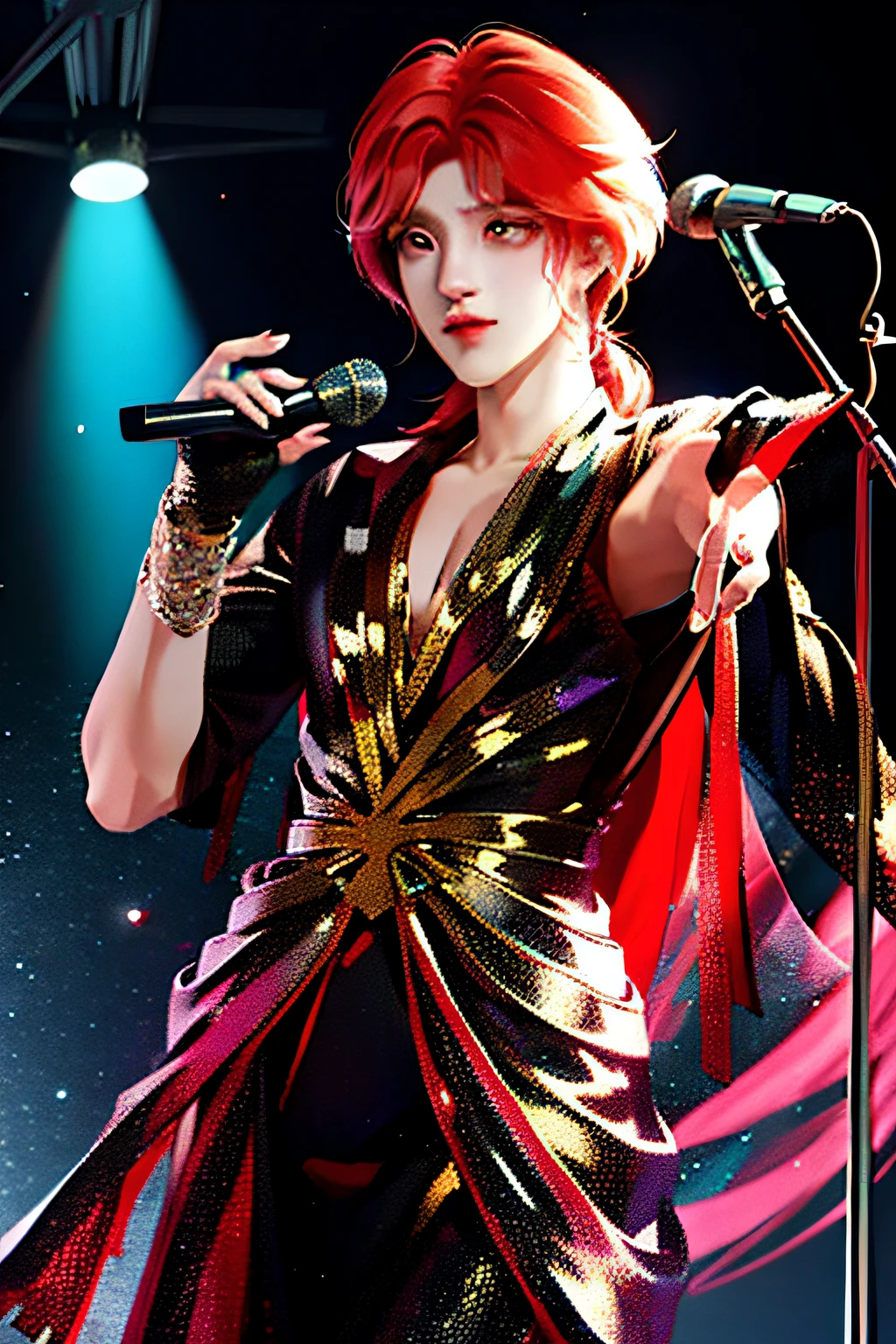 Male singer singing on stage with microphone in hand brightly lit full body Hallyu hairstyle