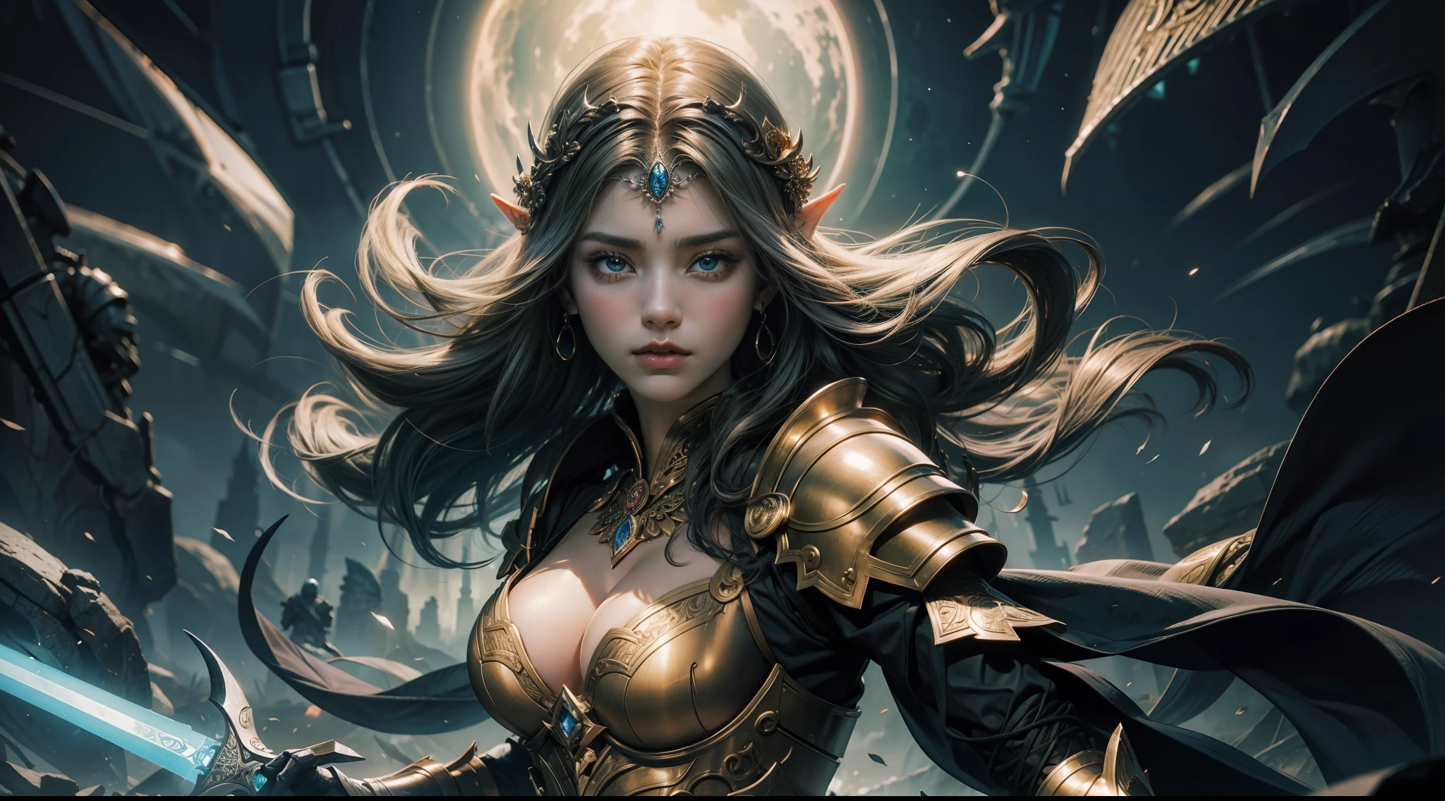 (tmasterpiece,top-quality,best qualityer,offcial art,Beauty and aesthetics:1.2),(tmasterpiece:1.3), (8k, realisticlying, RAW photos, best qualtiy: 1.4), beauitful face, (photorealiscic face), absurderes, Attractive, 超高分辨率, Ultra photo realsisim, highly detailed, the golden ratio, (Award-winning digital artwork:1.3) af (sketching:1.3),(with dynamism:1.3),(Saturation:1.3),(Close portrait:1.3),(femele:1.4),(big breasts beautiful: 1.4),(carismatic:1.3),female elf,Heavy armor,Large breasts,diadems,complex patterns,Perfect Detailed Eyes,The background is the battlefield,Film filter, ,dramatics,dynamicposes,Fighting posture,illusory engine, (High detail: 1.9),mystic symbols,((Glowing sword))