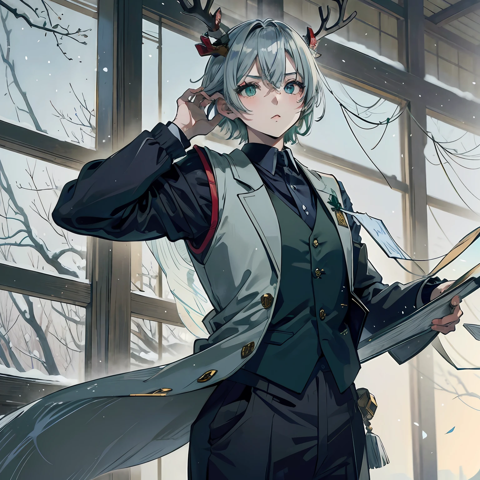 Japanese manga style,Sophisticated heads-up,Pores are clearly visible,Detailed background,Heterochromic pupils(Blue-green),Broken antlers,Tomboy image,Wearing a vest and long sleeves,Short gray hair。