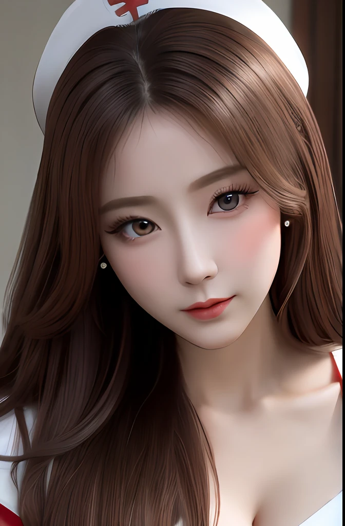 Very detailed eyes, very detailed face, very beautiful woman, best quality, super detailed (photorealistic), very delicate and beautiful legs, beautiful red eyes, absurdity, very detailed facial sad expression, professional illustration, shy, ff Mai Shiranui,super big breast,brown hair,long hair,nurse