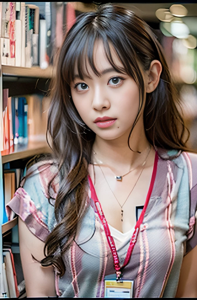 (Library)(Upper body)(1 girl)(20yr old)(Japanese)(Looking to the side)(Horrible hair)(Beautiful face)(Half-open mouth)(Ripped Shirt)(Necklace)(8k 、RAW Photos、top-quality、masterpiece)、(realisitic、Photorealsitic:1.37)、ultra-detailliert