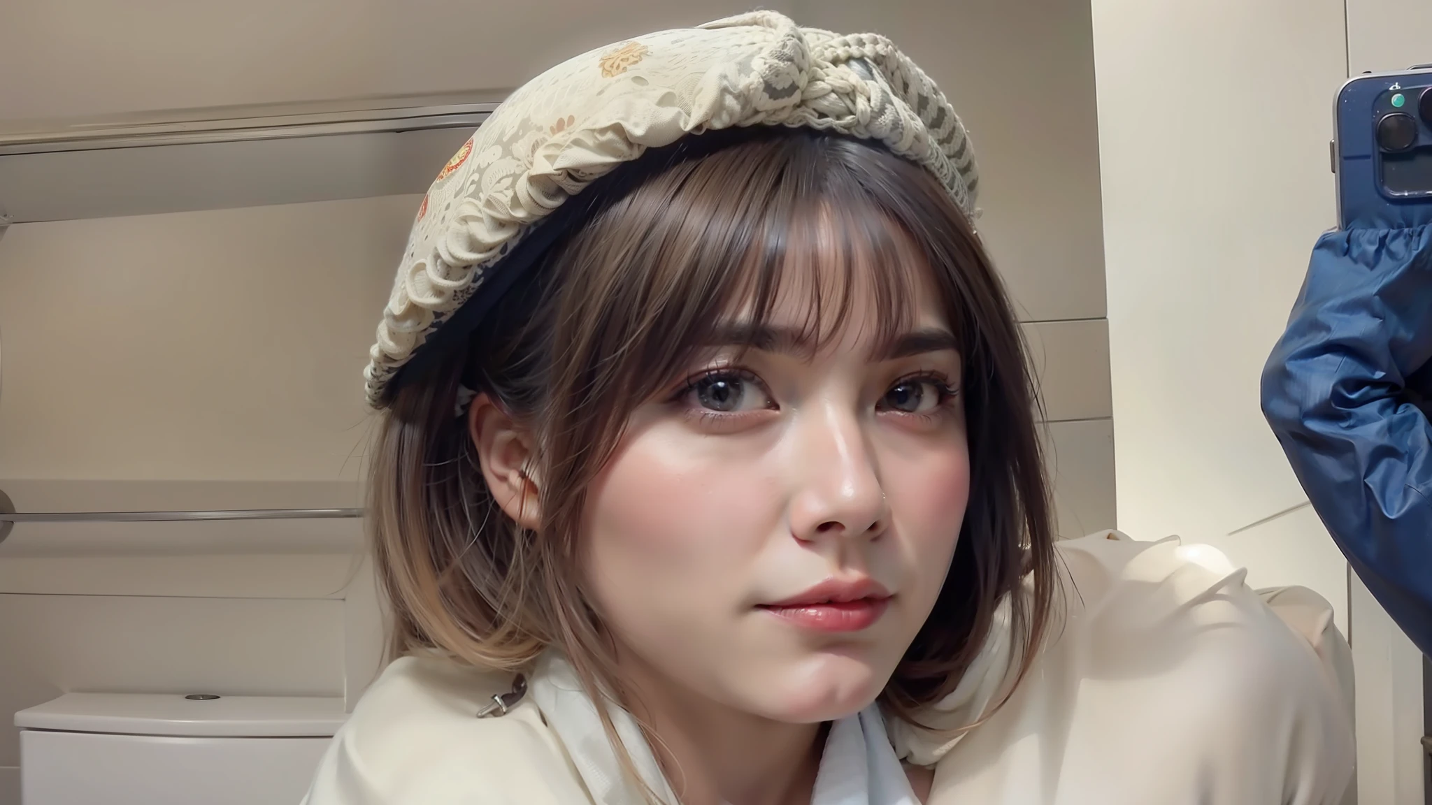 Brunce cute girl one-handed Biye brown eyes red scarf white clothes