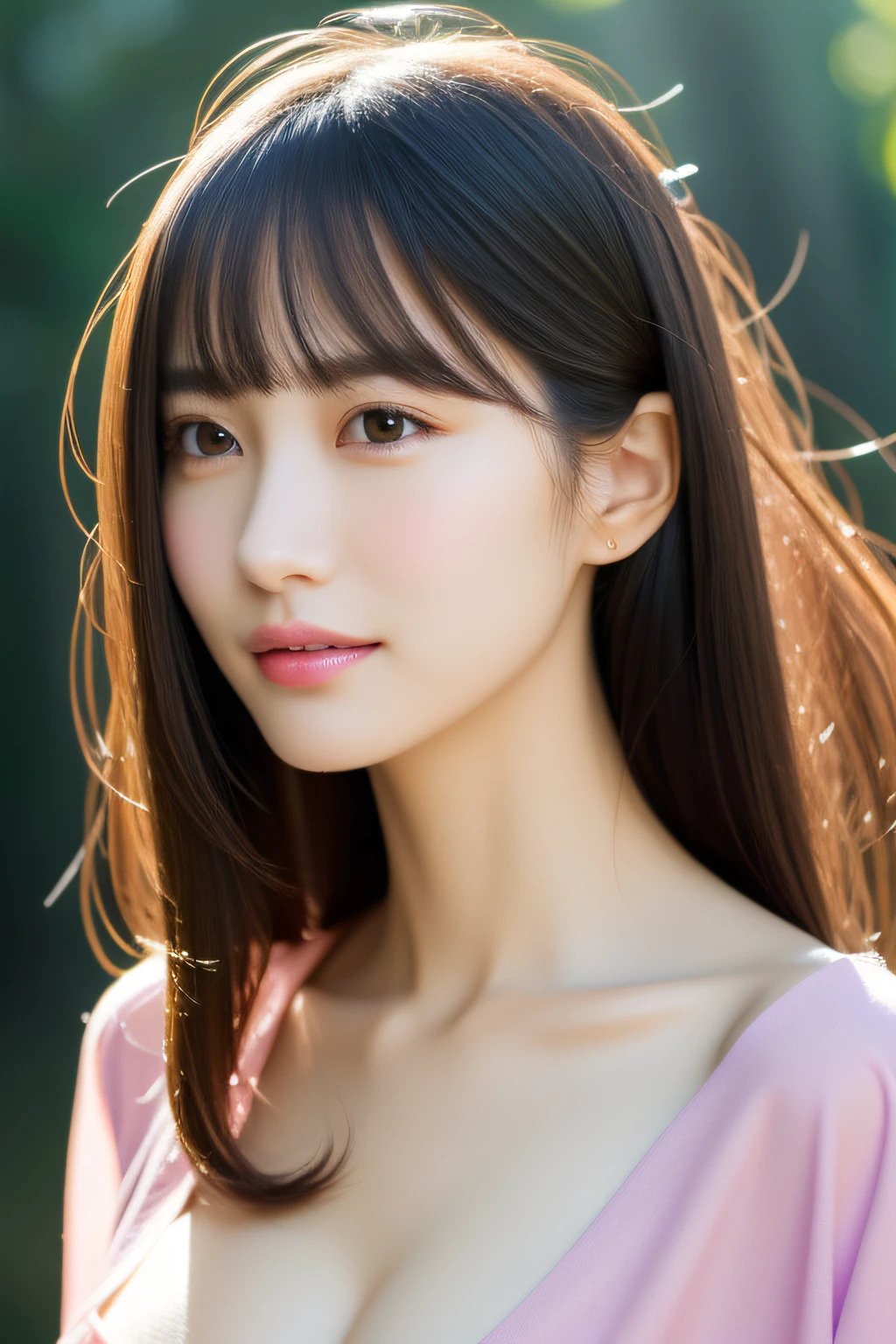(RAW photo:1.2), (photorealistic:1.4),(masterpiece:1.3),near shot,(best quality:1.4), dreamlike, (detailed eyes),(detailed facial features), (detailed clothes features), skin tight, (shiny skin),(slender girl), 1girl, ((detailed body)),(beautiful body),1girl,in the background is a small stream, wearing thin light purple shirt, revealing clothes, (wet), rainny,tight skin tone, sweat all over, portrait style downlight,detailed, very pretty face, very beauty body, extremely detailed, highly detailed background, smooth skin, extremely high detail hair,,solo, cute, innocent, smlie, VirtualGirl-Aim, (((big breasts))), bangs, straight hair, long hair, black hair, black eyes, crystal pendant, ,hip skirt,high-heeled shoes,krface1,(shy expression), ((look at viewer)),