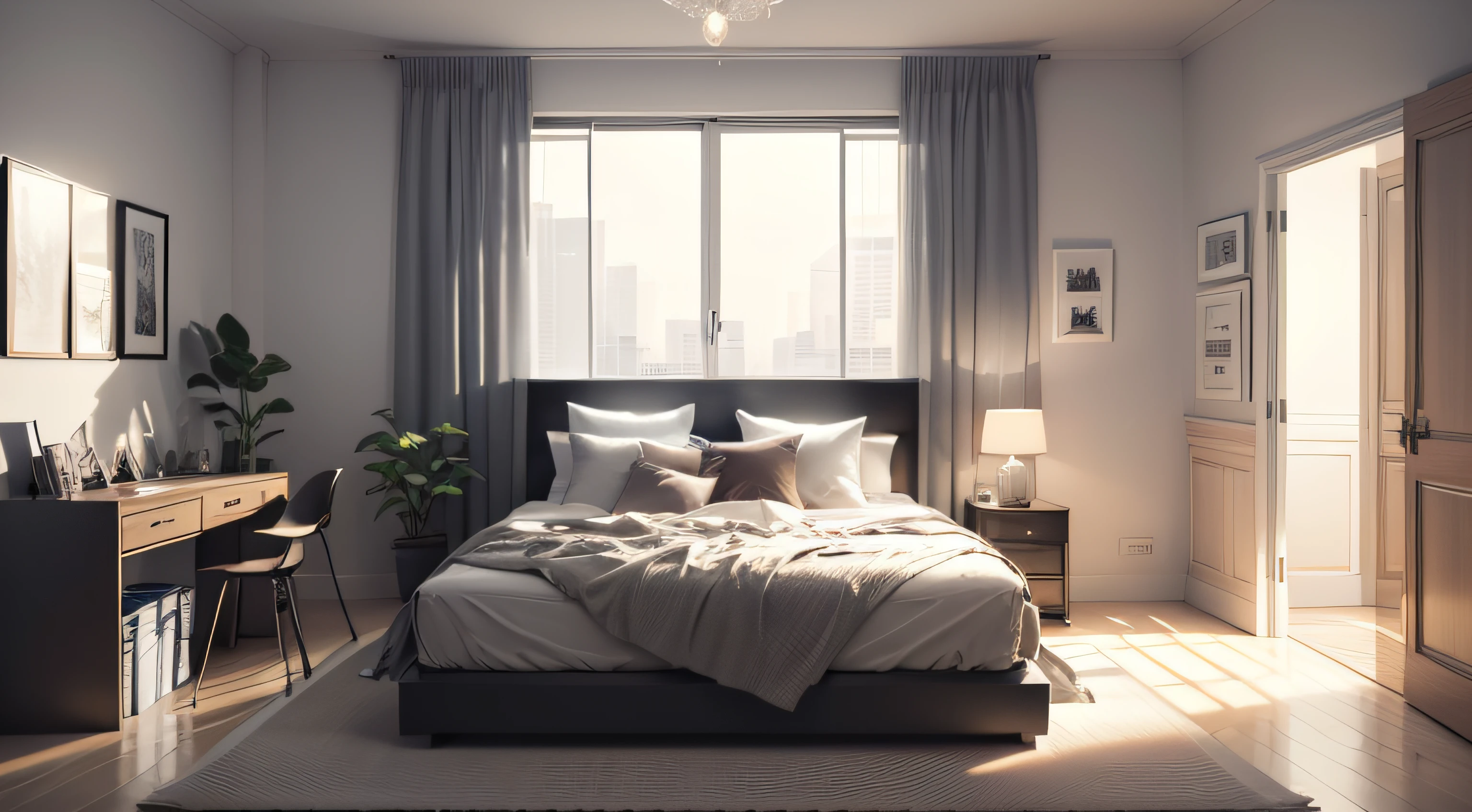 ((best qualtiy, 8k, tmasterpiece:1.3)), a drawing of a bedroom with a bed, Chairs and windows, inside bedroom, black and white colors, Modern style, Bed room, building rendering, Bedroom interior, sketch illustratio, Sketch - up, clean linework, conceptual drawing, detailed renderings, room interior, Interior design, stylized linework, flat linework, lineworks