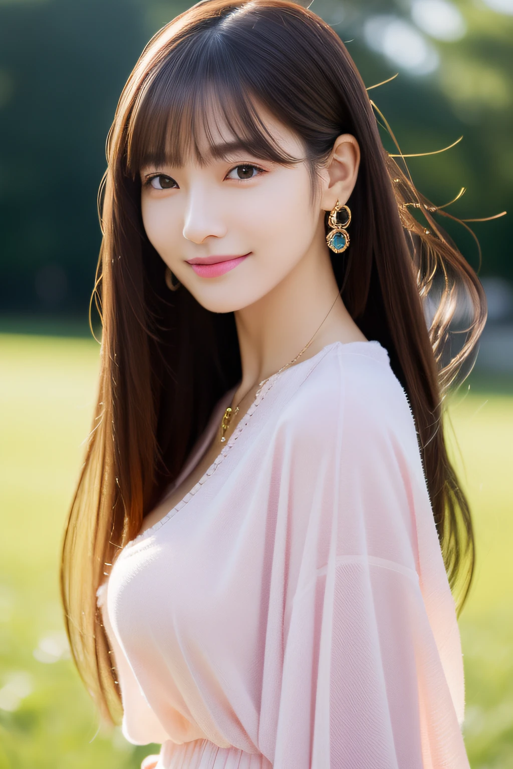 (RAW photo:1.2), (photorealistic:1.4),(masterpiece:1.3),near shot,(best quality:1.4), dreamlike, (detailed eyes),(detailed facial features), (detailed clothes features), skin tight, (shiny skin),(slender girl), 1girl, ((detailed body)),(beautiful body),1girl,in the background is a small stream, wearing thin light purple shirt, revealing clothes, (wet), rainny,tight skin tone, sweat all over, portrait style downlight,detailed, very pretty face, very beauty body, extremely detailed, highly detailed background, smooth skin, extremely high detail hair,,solo, cute, innocent, smlie, VirtualGirl-Aim, (((big breasts))), bangs, straight hair, long hair, black hair, black eyes, crystal pendant, ,hip skirt,high-heeled shoes,krface1,(shy expression), ((look at viewer)),