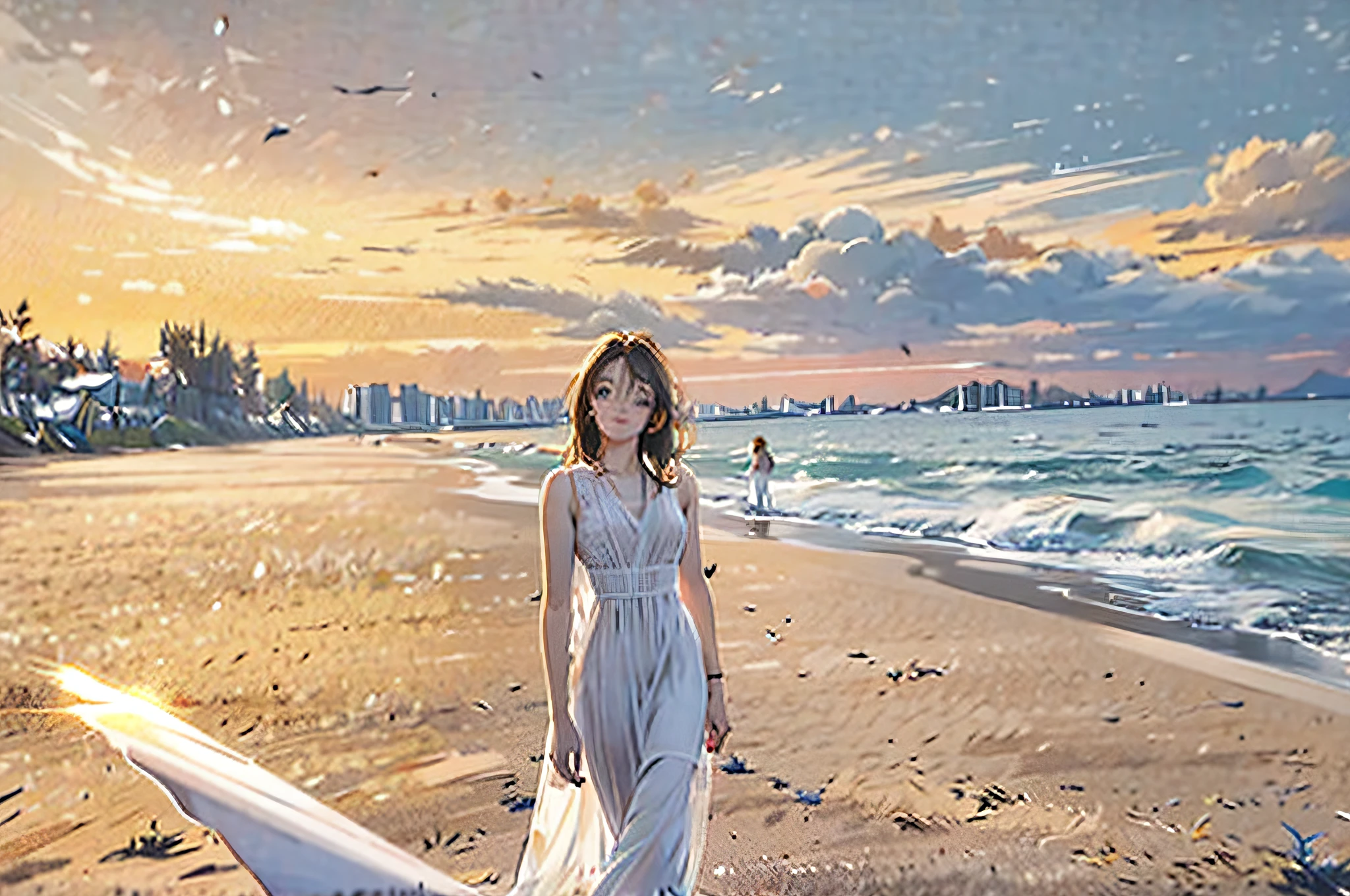 (8K,HDR,A high resolution),(((photography of,RAW photos,ultra-realistic realism,tmasterpiece,best qualtiy,超A high resolution)))),(Needle light,The light from the back window is backlighted,The light from the back window is backlighted,cinematric light),Clear focus:1。4、(hyper-detailing、finedetail)、full bodyesbian、 1girll,On the sandy beach,The wind blows as the sun sets,Standing a girl in a wedding dress。The dress is a flowing white dress,Greet the breeze,Dance with the wind。The girl's hair is loose and messy,Holding a bouquet of wildflowers in his hand。When the sun sets behind her,When casting a warm golden glow on the beach,She stood tall and serene,It's like a vision of beauty and elegance