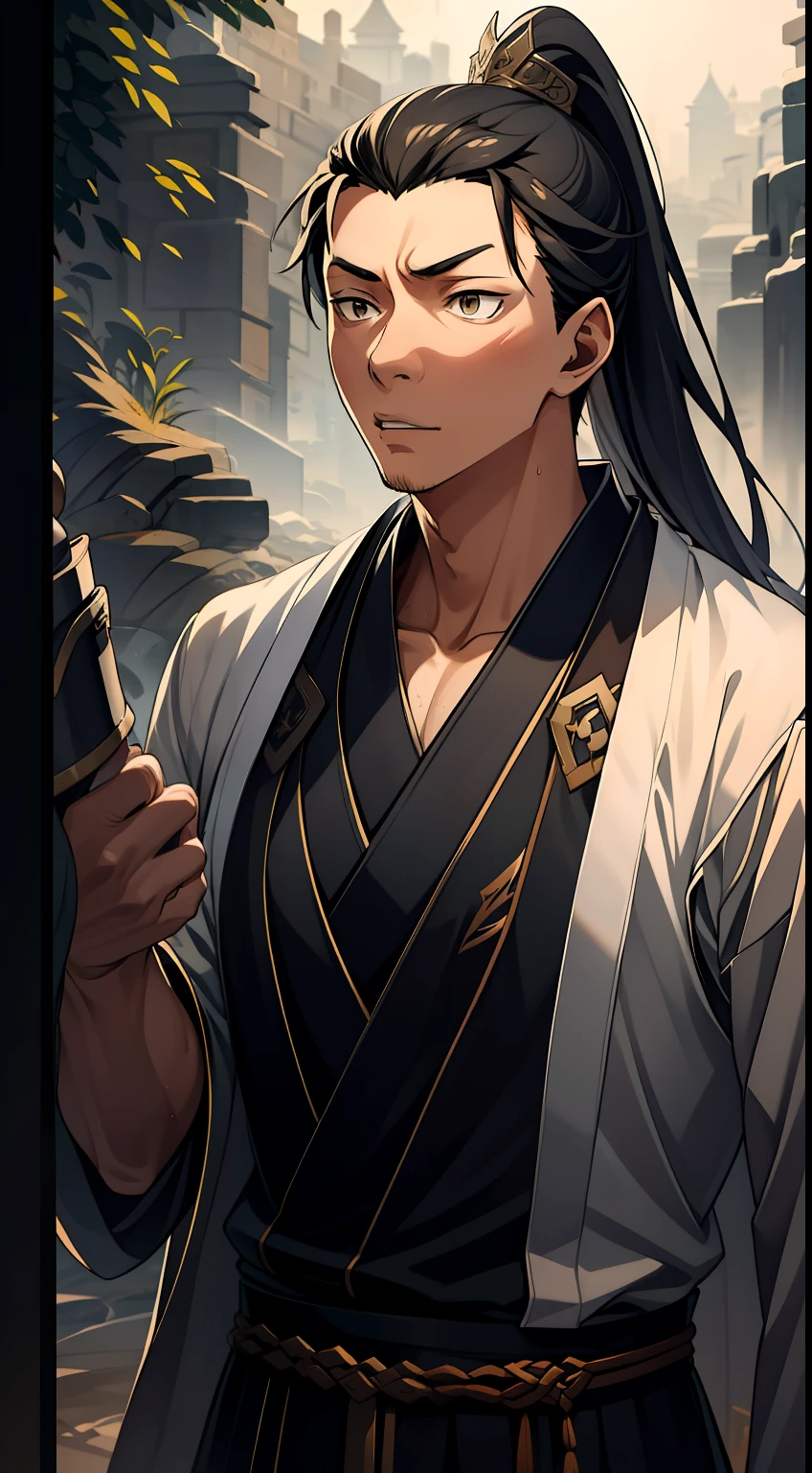 quadratic element,style of anime,mtu(Male Warrior),The proportions are correct,Face details,swordsmen,High ponytail hairstyle,Neck details,There is an Adam's apple,Black Hanfu,kaftan,Embroidered robes,Black robe,clothes details,Handing over,longer sleeves,Game quality,Swordsmanship,Light and shadow tracking,Ray traching,detailed glow,cg render,hair detail,long white hair,Black eyes,Handsome,Handsome,(juvenile sense),Clothing is complicated,Perfectcomposition,Refinement,high qulity,higher details,Lots of details,The background is complex,a sense of atmosphere,