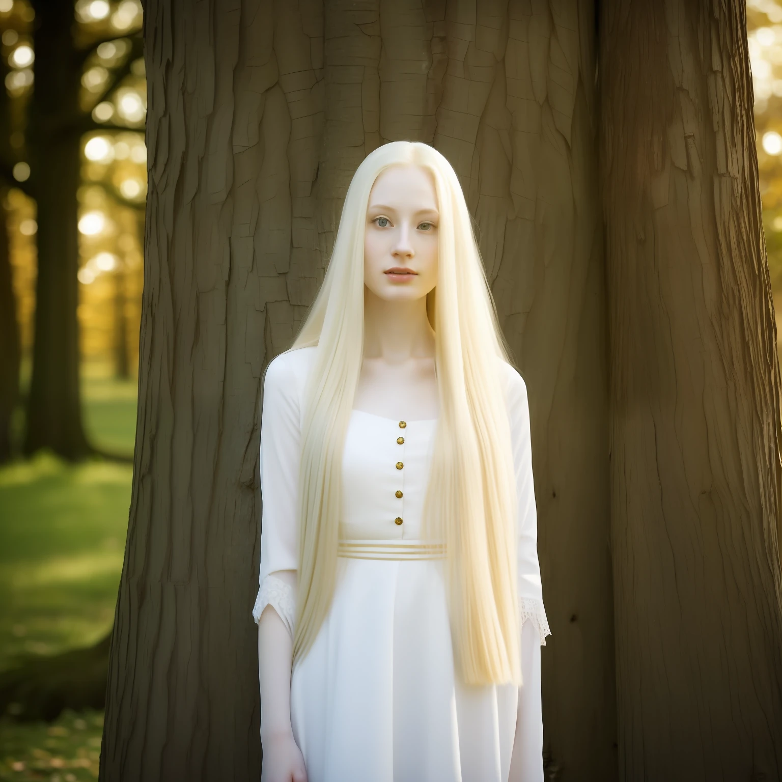blond woman with long hair standing in front of a tree, with pale skin, pale skin curly blond hair, albino white pale skin, pale woman, extremely pale blond hair, extremely pale white skin, very pale skin, pale white skin, very very very pale skin, very very very pale white skin, very very pale white skin, ivory pale skin, pale fair skin!!