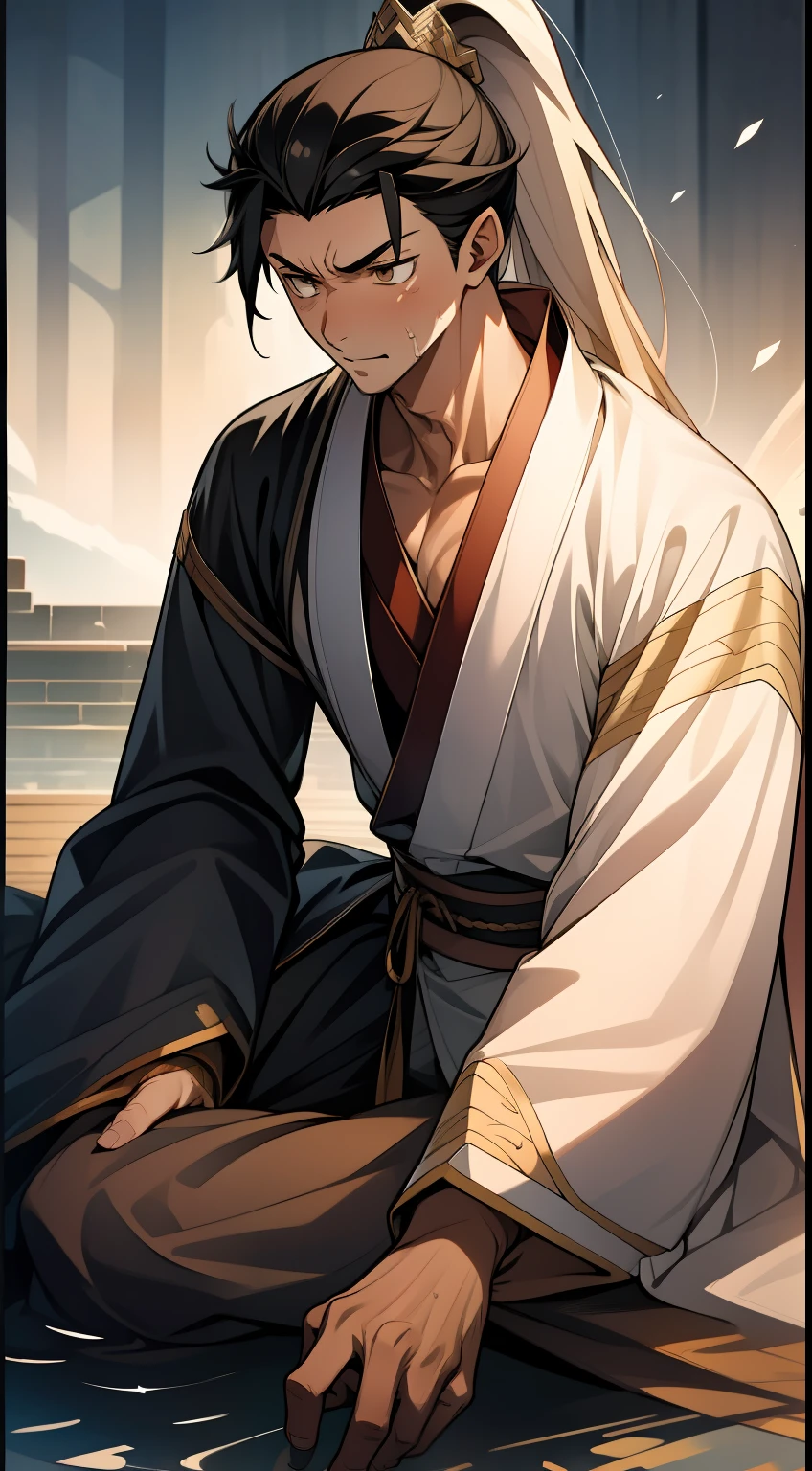 quadratic element,style of anime,mtu(Male Warrior),The proportions are correct,Face details,swordsmen,High ponytail hairstyle,Neck details,There is an Adam's apple,Black Hanfu,kaftan,Embroidered robes,Black robe,clothes details,Handing over,longer sleeves,Game quality,Swordsmanship,Light and shadow tracking,Ray traching,detailed glow,cg render,hair detail,long white hair,Black eyes,Handsome,Handsome,(juvenile sense),Clothing is complicated,Perfectcomposition,Refinement,high qulity,higher details,Lots of details,The background is complex,a sense of atmosphere,