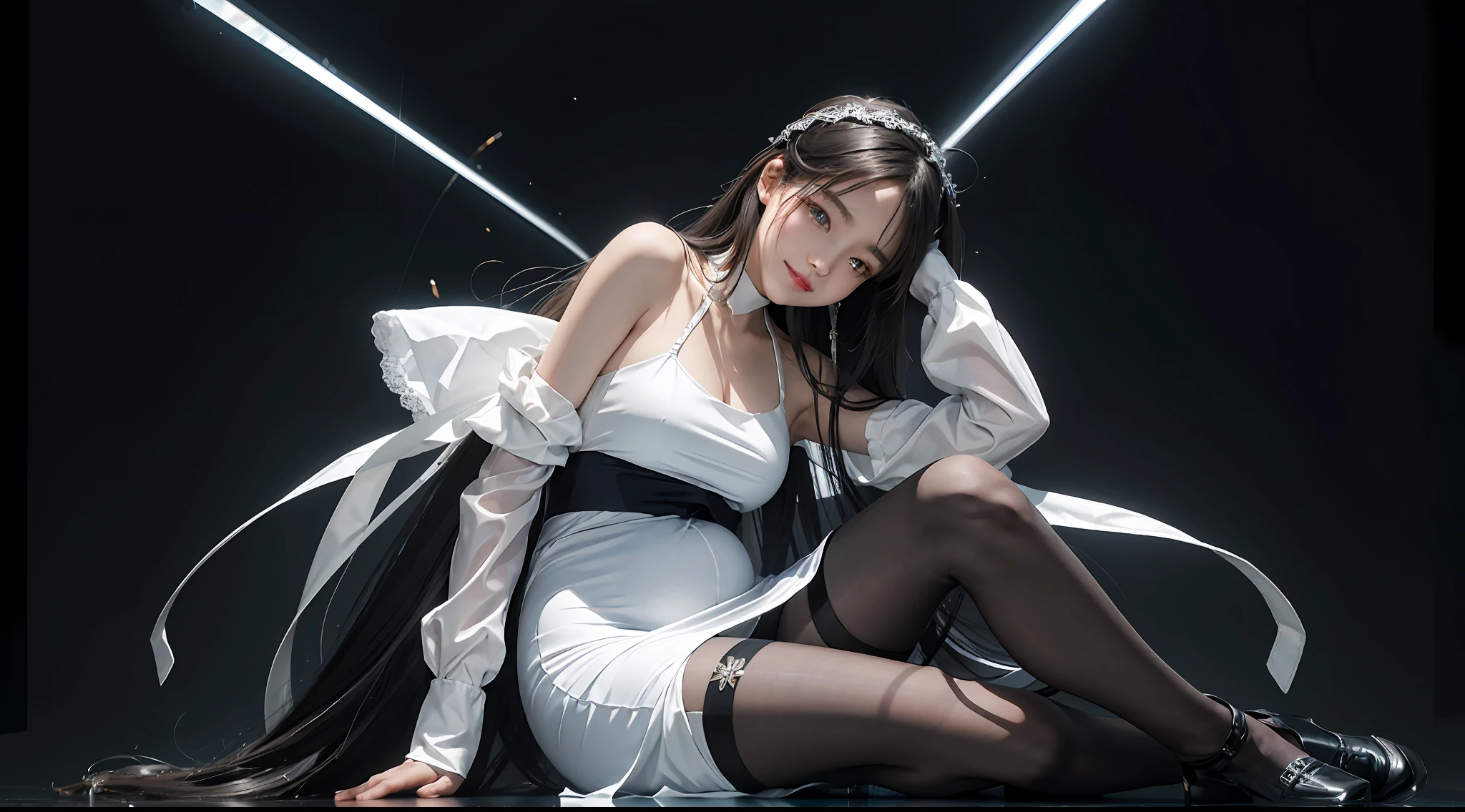 tmasterpiece, 1 beutiful girl, Detailed eyes, Swollen eyes, Best quality at best, 超A high resolution, (Realistis: 1.4), RAW photogr, cinmatic lighting, ssmile, jpn, a asian beauty, Korea, Ren, Super beautiful, Small young face, Beautiful skins, busty figure, cyber punk perssonage(hyper realisitc), (illustratio), (A high resolution), (8K), (The is very detailed), (Most Best Illustration), (ultra-detailliert), (the wallpaper), (详细的脸), audience looking, finely detailled, deep shading, low tune, pureerosfaceace_V1,happy grin, long whitr hair, 46-point diagonal bangs,(Pregnant abdomen:0.95),Pantyhose,full body shot shot,Wedding dress,Black long-sleeved gloves,
