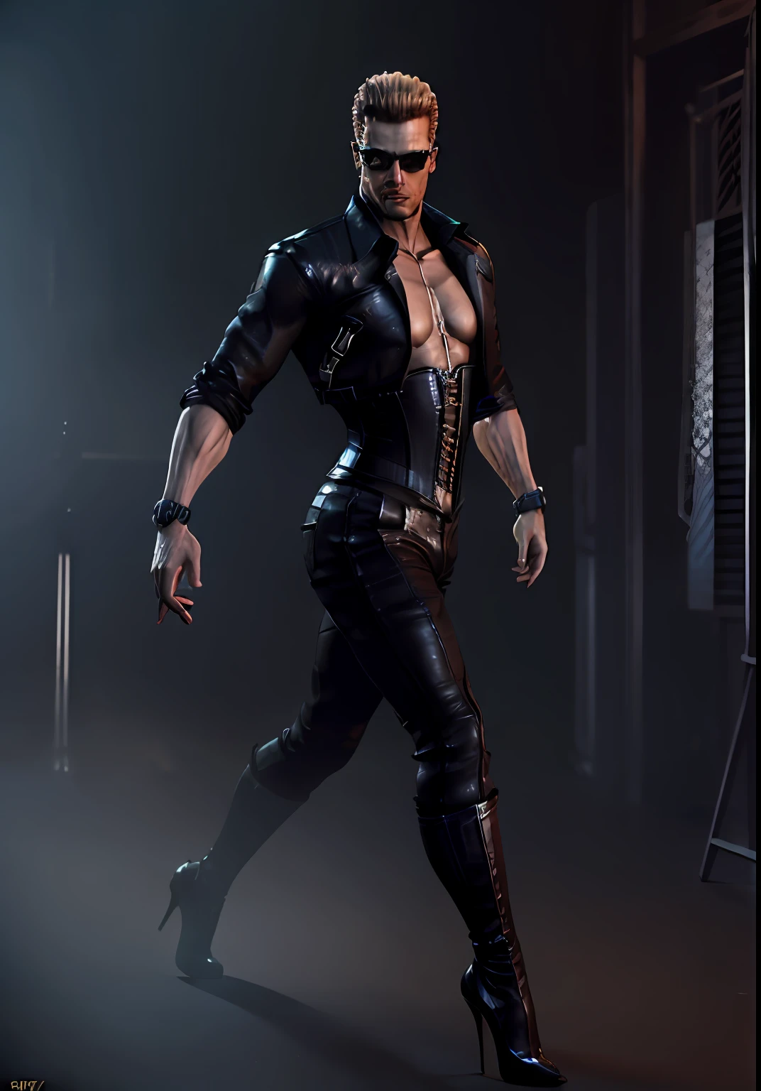 Wesker, (wearing a black corset:1.2), stomach showing, black leather shorts, stiletto heels, masculine, on a stage, male focus, high quality, good anatomy, neutral expression on face, excellent quality,