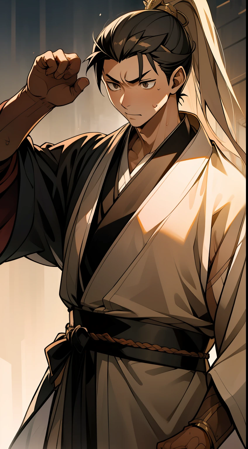 quadratic element,style of anime,mtu(Male Warrior),The proportions are correct,Face details,swordsmen,High ponytail hairstyle,Neck details,There is an Adam's apple,Black Hanfu,kaftan,Embroidered robes,Black robe,clothes details,Handing over,longer sleeves,Game quality,Swordsmanship,Light and shadow tracking,Ray traching,detailed glow,cg render,hair detail,long white hair,Black eyes,Handsome,Handsome,(juvenile sense),Clothing is complicated,Perfectcomposition,Refinement,high qulity,higher details,Lots of details,The background is complex,a sense of atmosphere,