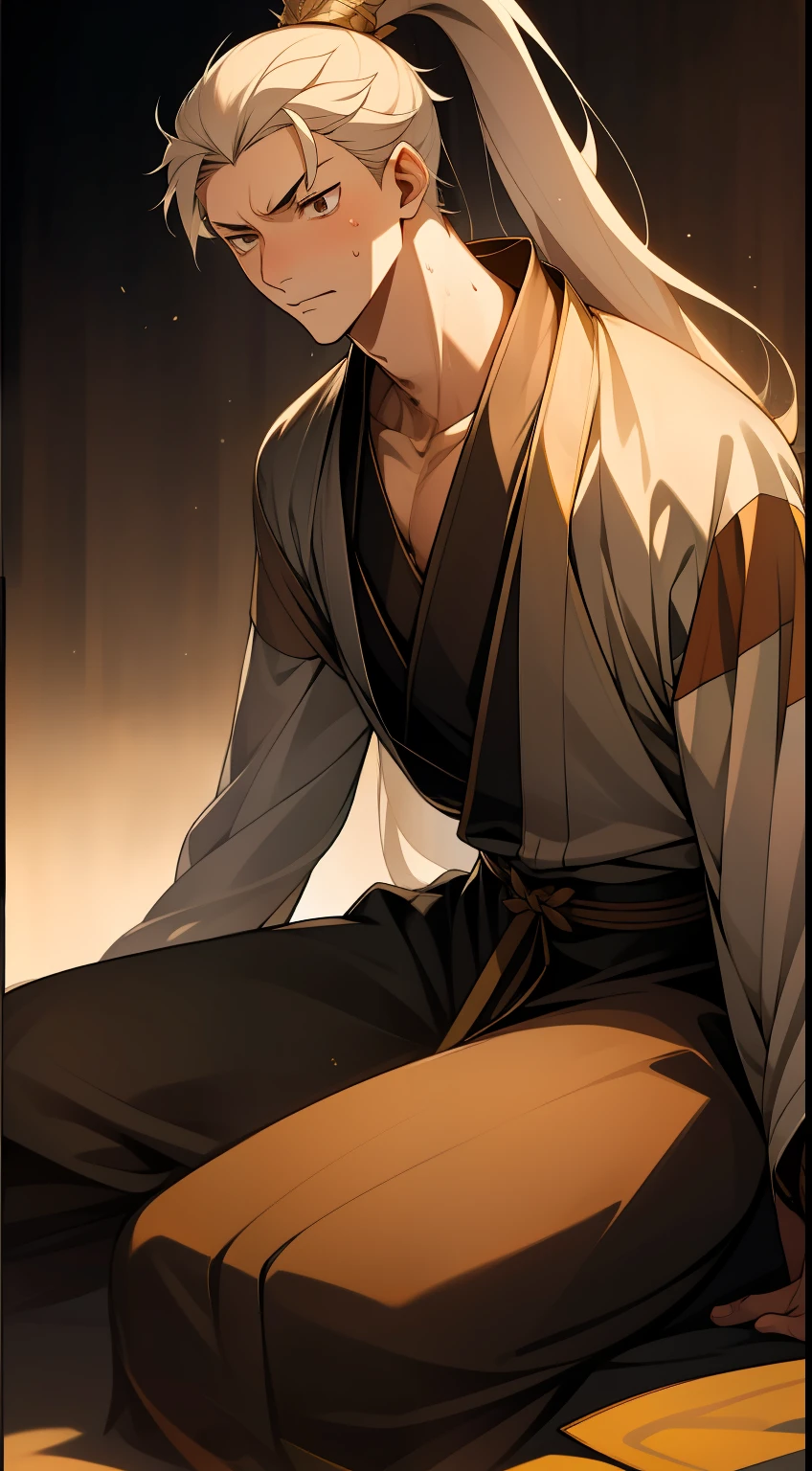 quadratic element,style of anime,mtu(Male Warrior),The proportions are correct,Face details,swordsmen,High ponytail hairstyle,Neck details,There is an Adam's apple,Black Hanfu,kaftan,Embroidered robes,Black robe,clothes details,Handing over,longer sleeves,Game quality,Swordsmanship,Light and shadow tracking,Ray traching,detailed glow,cg render,hair detail,long white hair,Black eyes,Handsome,Handsome,(juvenile sense),Clothing is complicated,Perfectcomposition,Refinement,high qulity,higher details,Lots of details,The background is complex,a sense of atmosphere,
