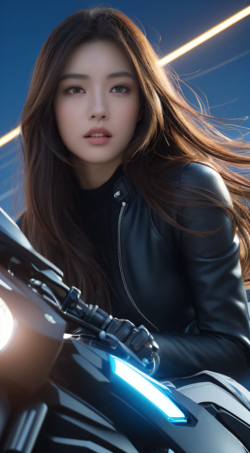 （((Hero Thing Costume))）、((during daytime、excellent、8K、​masterpiece:1.3), (full body Esbian), Long feet, Focal length: 1.2, Perfect Body Beauty: 1.4, Slim abs: 1.1, ((dark brown hair, Little big: 1.2 )), ((city, Blue sky, white clouds: 1.3)), Detailed face and skin texture, Detail Eye, 二重まぶた, Flying Longhair、Have a direction controller、Riding a motorcycle、((the background is a high-tech lighting scene of the futuristic city))。