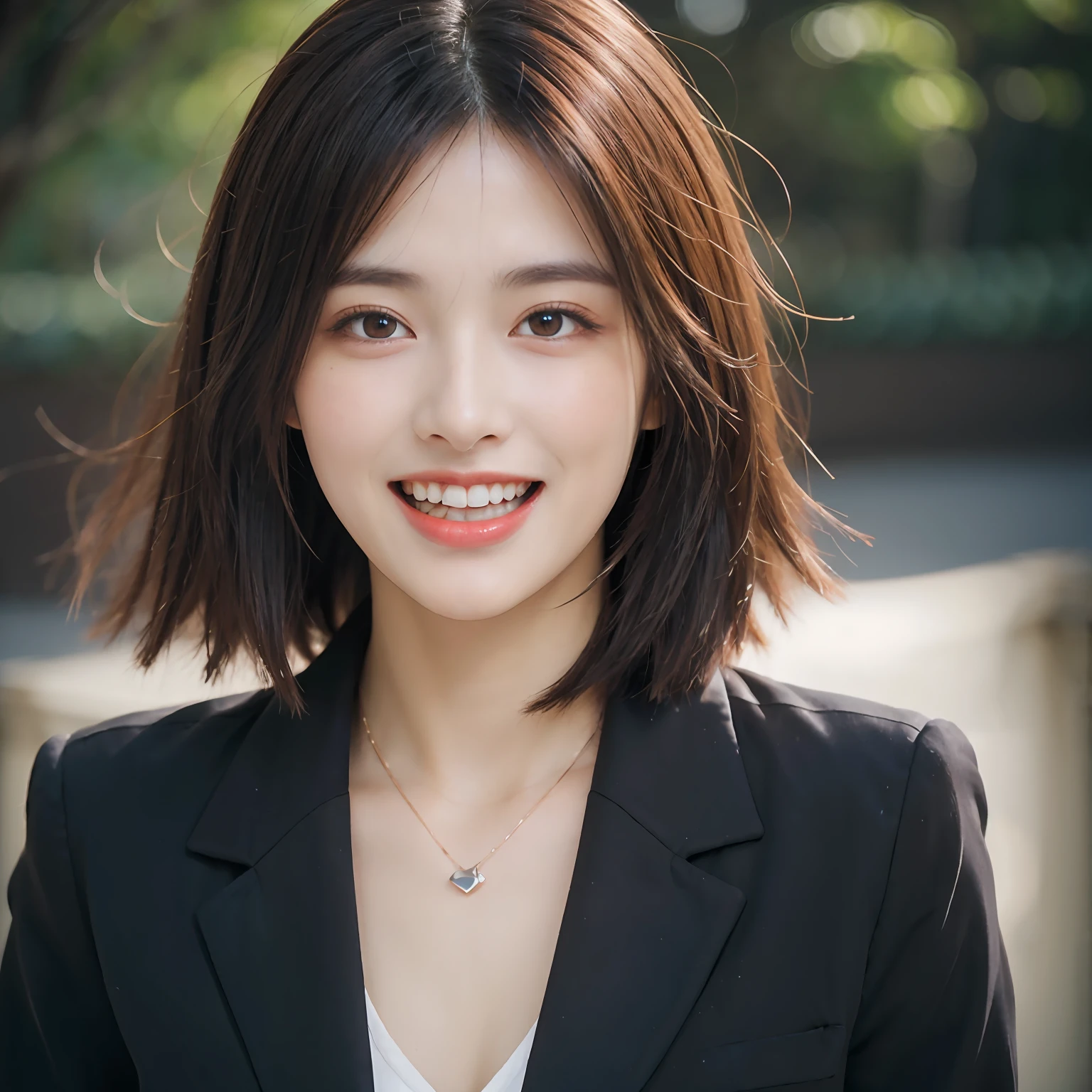Dressed, (photographrealistic:1.4), (Hyper realistic:1.4), (Realistic:1.3), (Smoother lighting:1.05), (increase cinematic lighting quality:0.9), 32K, 1girl in,25-years old, Realistic lighting, Backlighting, Light on Face, raytrace, (Brightening light:1.2), (Increase quality:1.4), (Top quality real texture skins:1.4), finely detailed eyes, finerly detailed face, (tired and sleepy and joy:0), (Laugh:1.4), Black Suit,a necklace, (Increase body line mood:1.1), (Increase the beauty of skin texture:1.1)