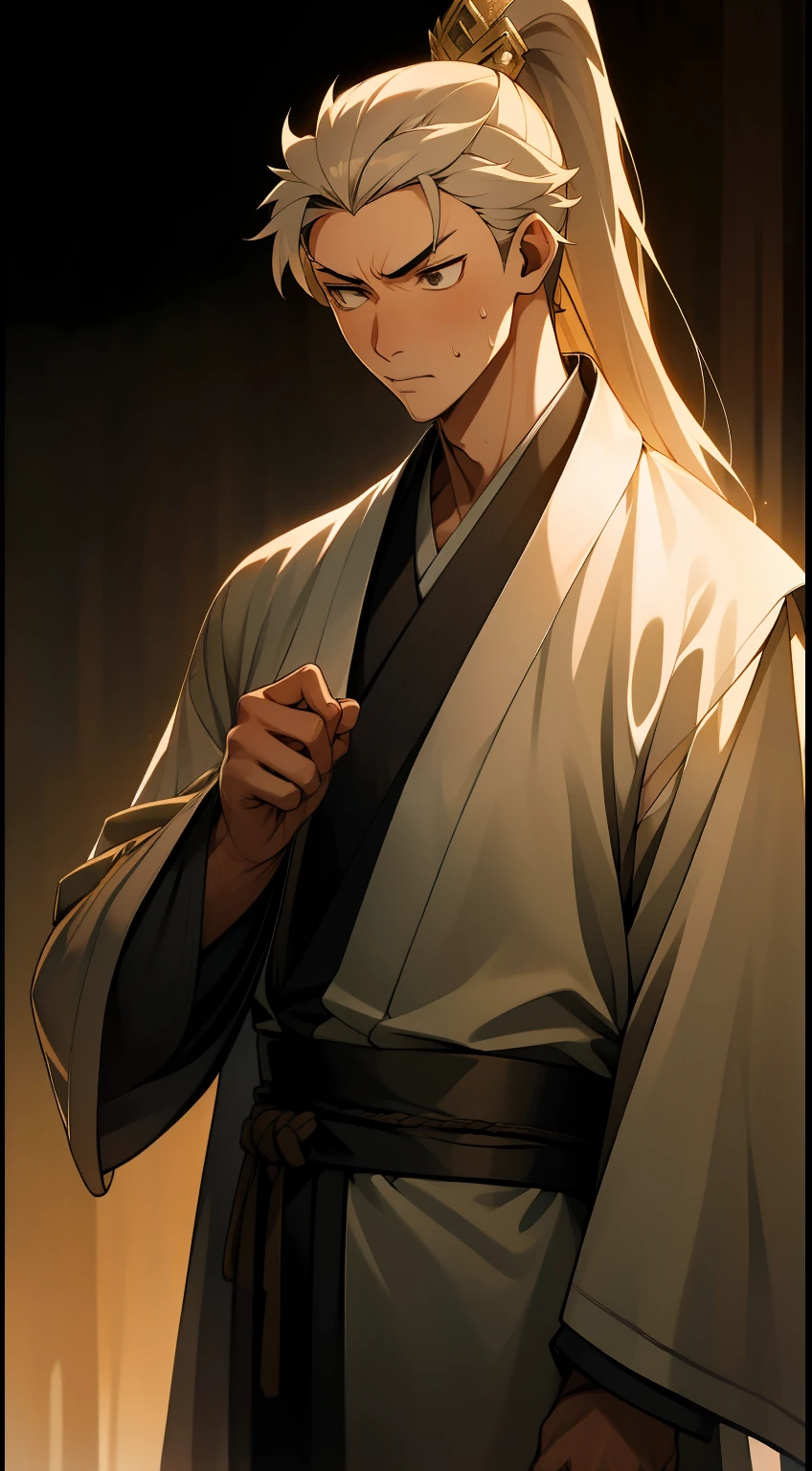 quadratic element，style of anime，mtu（Male Warrior），The proportions are correct，Face details，swordsmen，High ponytail hairstyle，Neck details，There is an Adam's apple，Black Hanfu，kaftan，Embroidered robes，Black robe，clothes details，Handing over，longer sleeves，Game quality，Swordsmanship，Light and shadow tracking，Ray traching，detailed glow，cg render，hair detail，long  white hair，Black eyes，Handsome，Handsome，（juvenile sense），Clothing is complicated，Perfectcomposition，Refinement，high qulity，higher details，Lots of details，The background is complex，a sense of atmosphere，