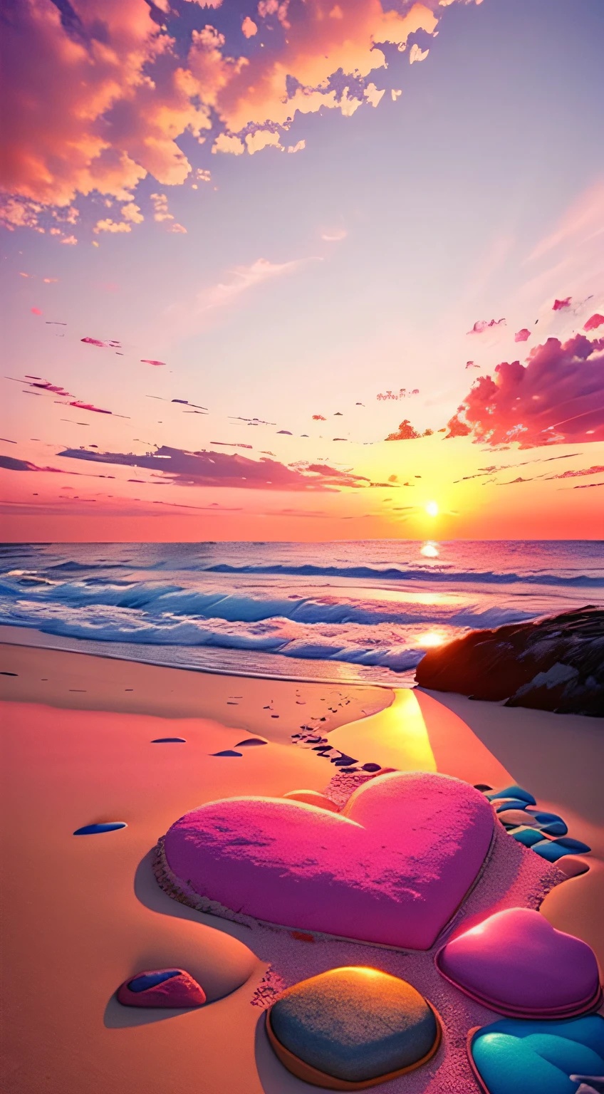Beach close-up,Sunsets and bodies of water, stunning skies, which shows a beach at sunset, redpink sunset, Colorful sunset, Pink sunset, colorfull sky, pink skies, breathtaking colors, the colours of the sunset, vibrant sky, amazing sunset, Incredibly beautiful, vibrant sunset, colours of the sunset,There are a lot of colorful pebbles on the beach,There are rocks in the distance,Heart-shaped clouds,Heart-shaped stones